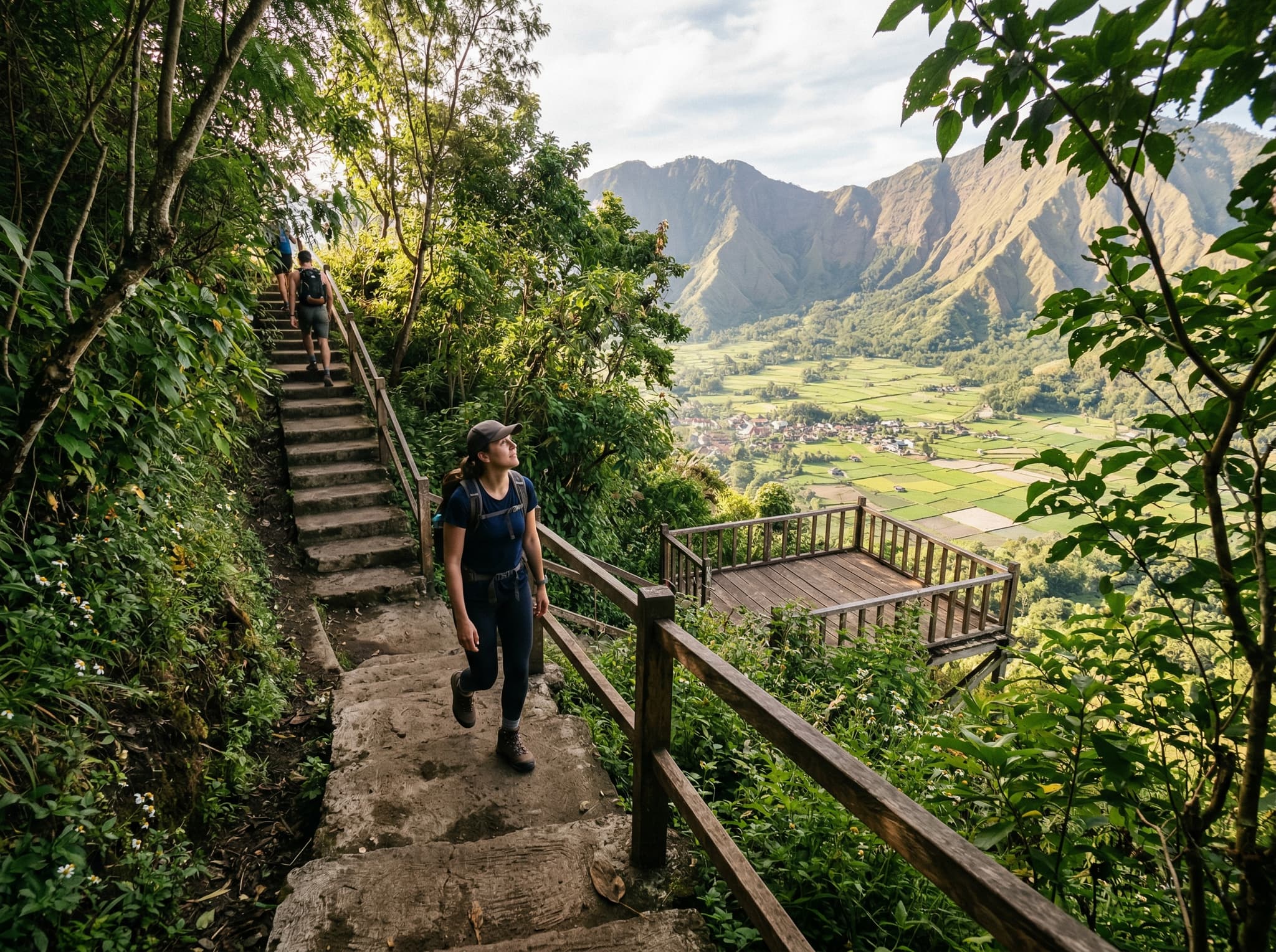 The concrete staircase path climbing Bukit Selong, with wooden viewing platforms visible on the hillside and the Sembalun Valley beginning to open up below — showing readers what the 10–15 minute walk to the top actually looks like.