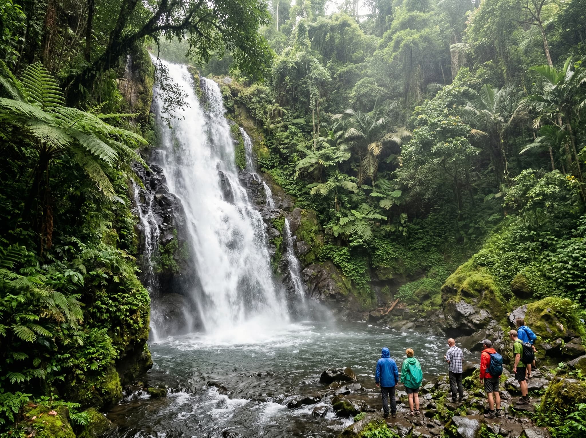 View toward Tiu Kelep waterfall in Senaru, North Lombok — the lush jungle gorge and cascading waterfall that the article recommends pairing with a Selong Hill sunrise visit as part of a full Sembalun-to-Senaru day loop.
