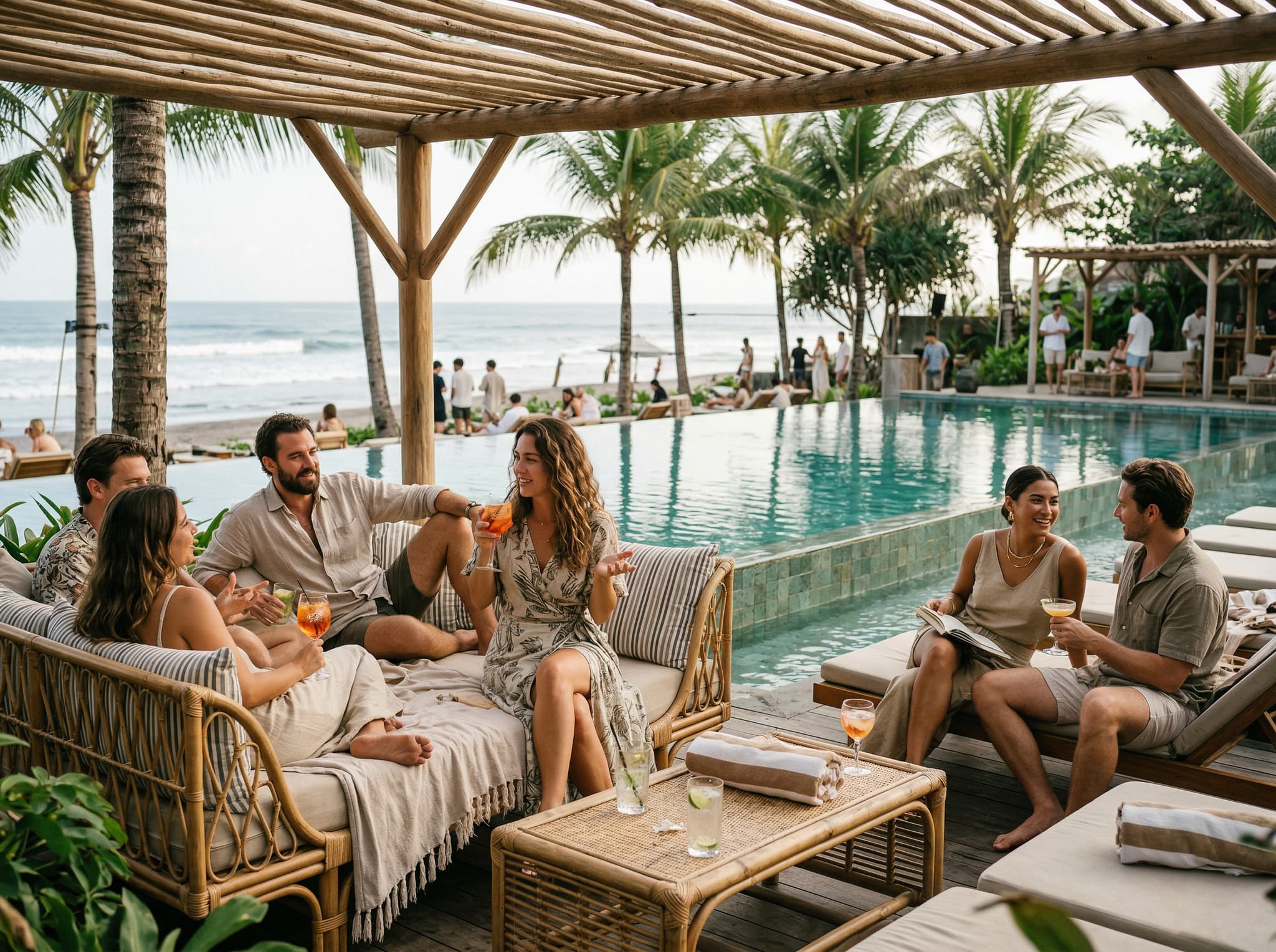 Poolside scene at a Bali beach club showing a fashionably dressed international crowd in their late twenties and thirties — relaxed afternoon energy, cocktails on low tables, natural shade structures overhead — representing the curated, mid-energy crowd Desa Kitsuné attracts
