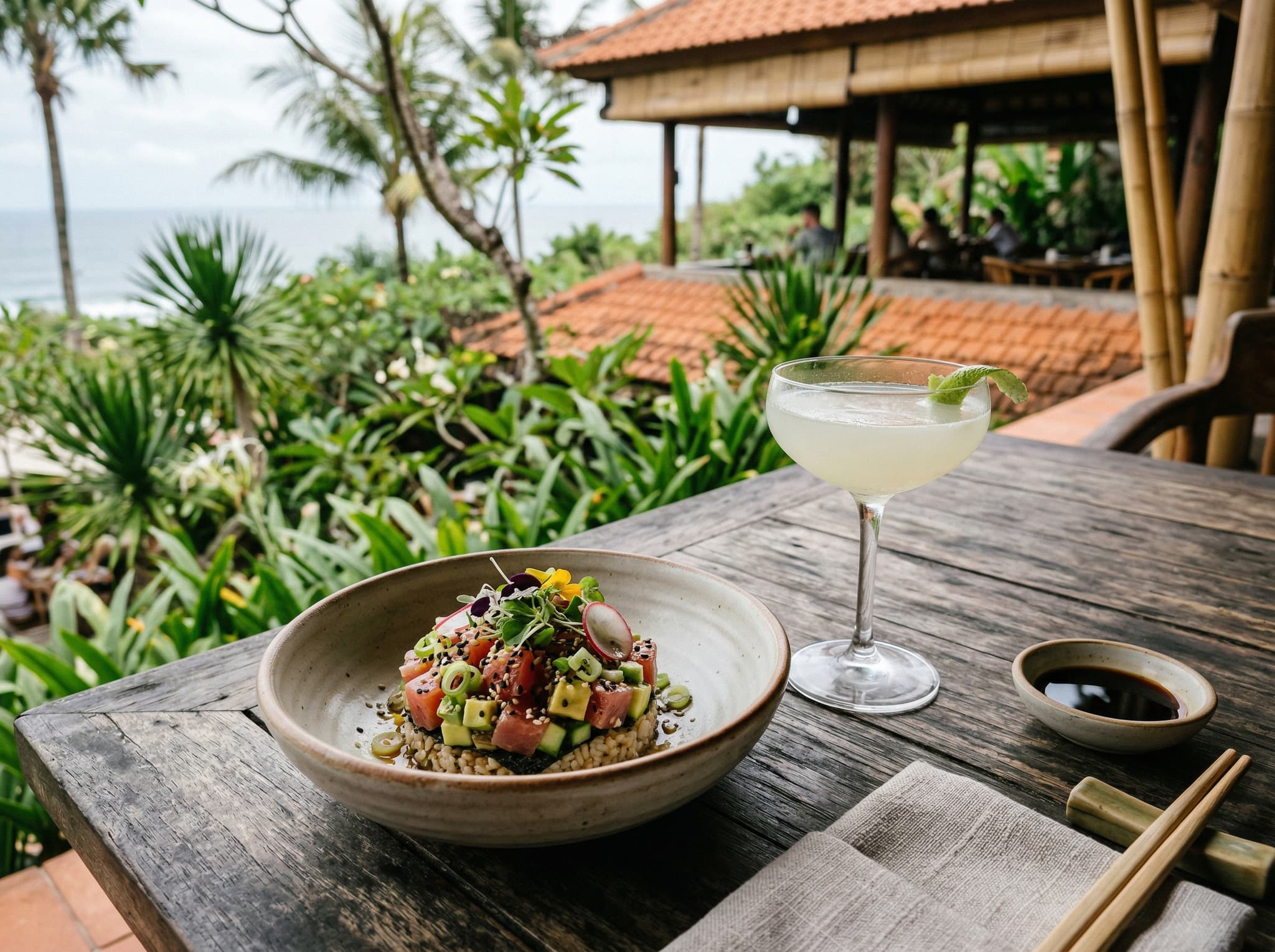 Close-up of elegantly plated food and cocktails on a table at an upscale Bali restaurant — light, photogenic dishes such as a tartare or poke bowl alongside a well-crafted cocktail, reflecting the French-Japanese-Indonesian menu described in the article