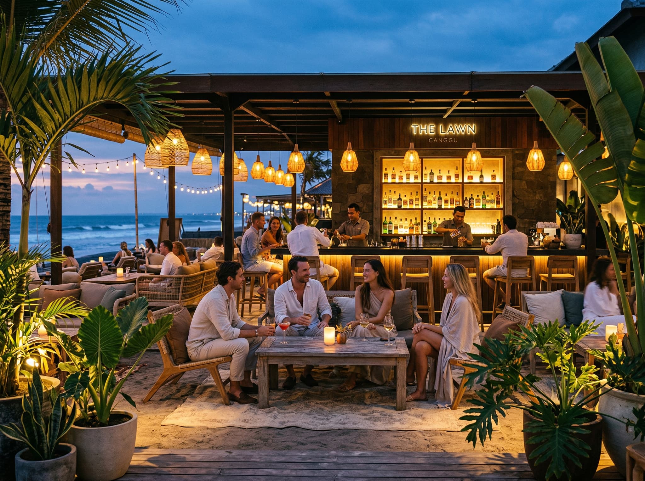 Evening ambiance at an open-air Bali bar or restaurant — warm low lighting, candles or lanterns, guests in smart-casual attire at the bar or tables, conveying the day-to-night transition and the polished evening atmosphere described in the article's closing sections