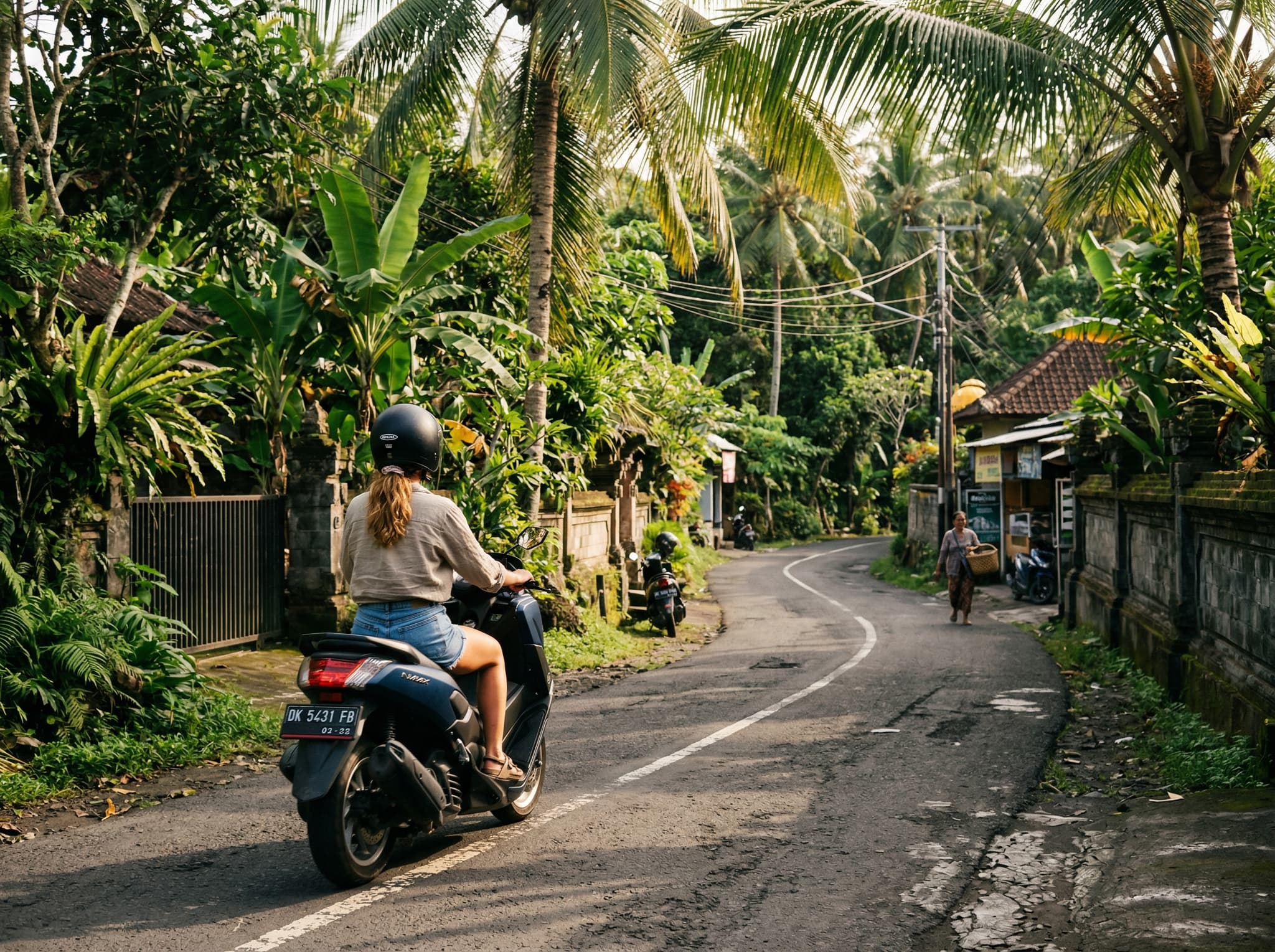 A scooter or motorbike navigating a Bali road toward Canggu, with tropical scenery alongside — illustrating the practical getting-there section of the article and the default mode of transport for visitors to Desa Kitsuné