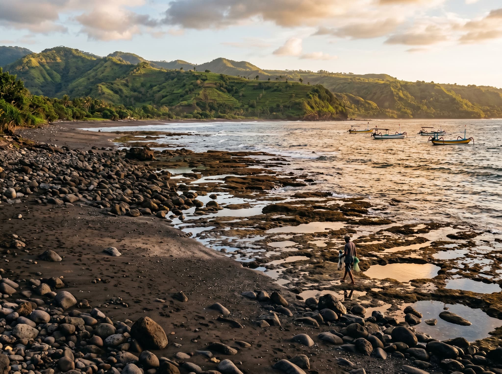 The Medewi Beach shoreline at low tide, showing the dark volcanic sand mixed with smooth rocks and exposed reef near the point break — illustrating the beach's rough-edged, non-resort character described in the article