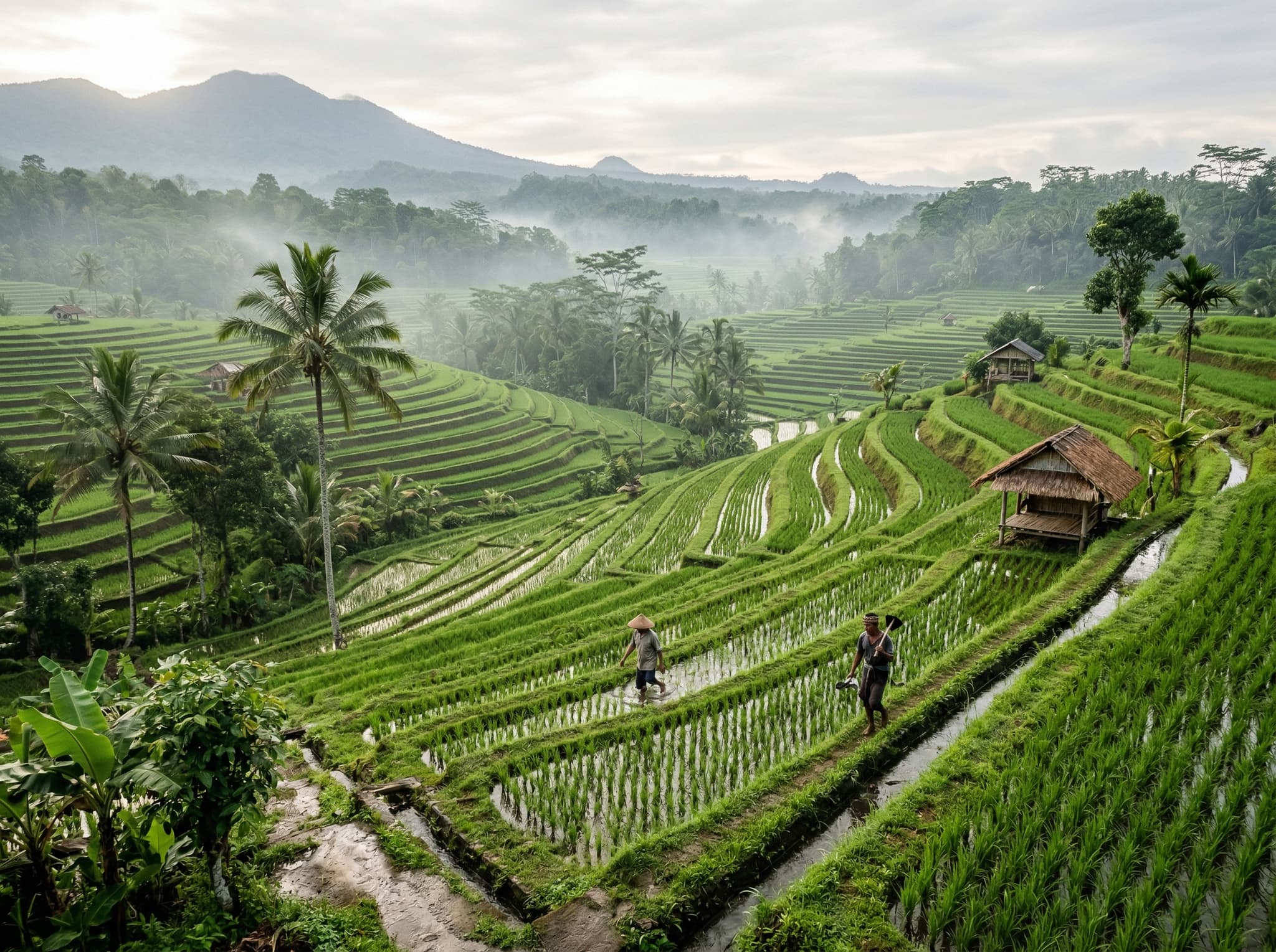 Jatiluwih rice terraces in Tabanan, Bali — the sweeping UNESCO-listed subak agricultural landscape recommended as a day-trip pairing with Taman Ayun, sharing the same World Heritage inscription as the spiritual architecture the article describes.