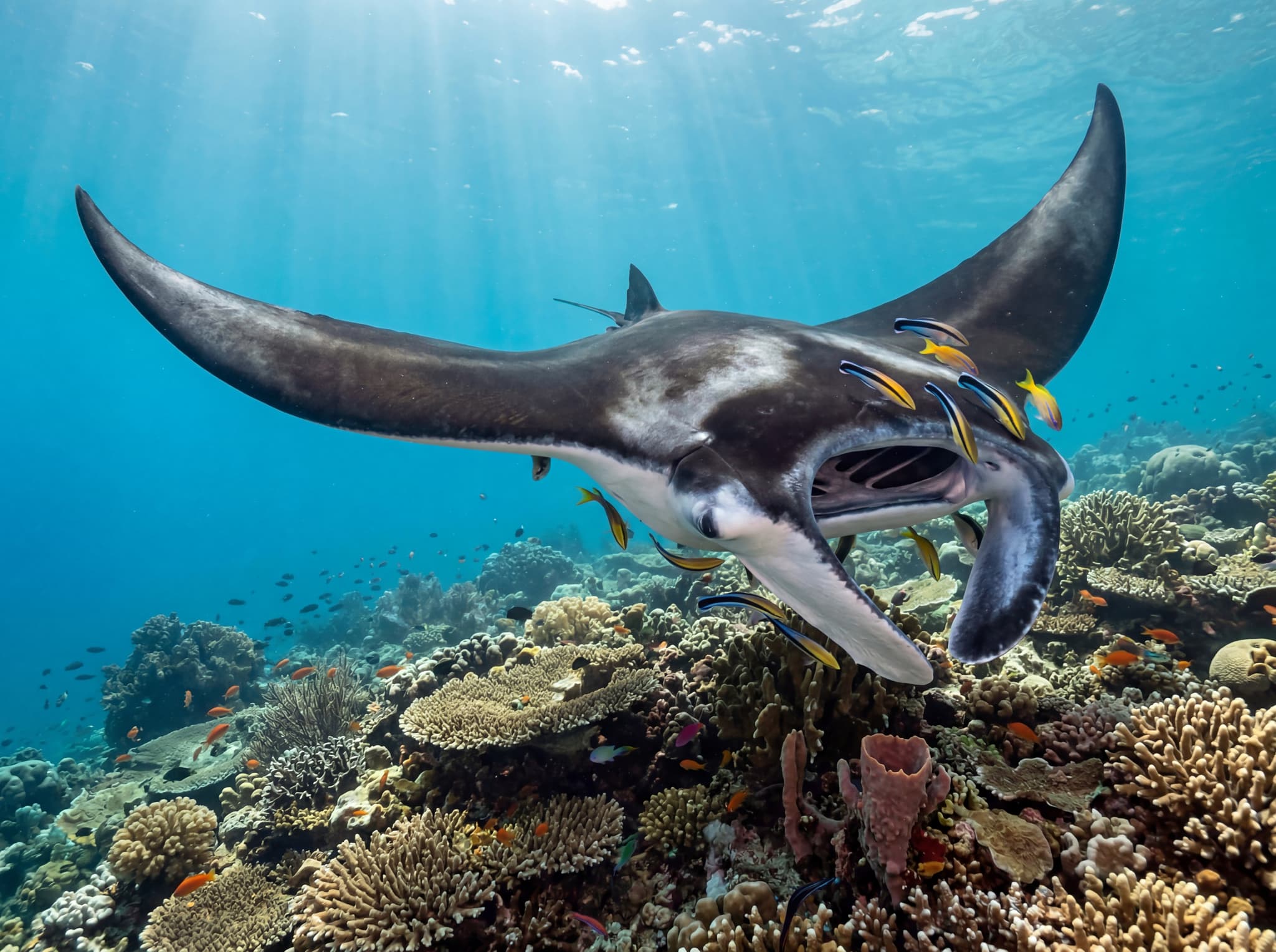 A manta ray in close-up, wings spread wide, with cleaning wrasse visible near its body — illustrating the cleaning station behavior at the heart of why Manta Sandy produces longer, more intimate encounters than other Raja Ampat manta sites.