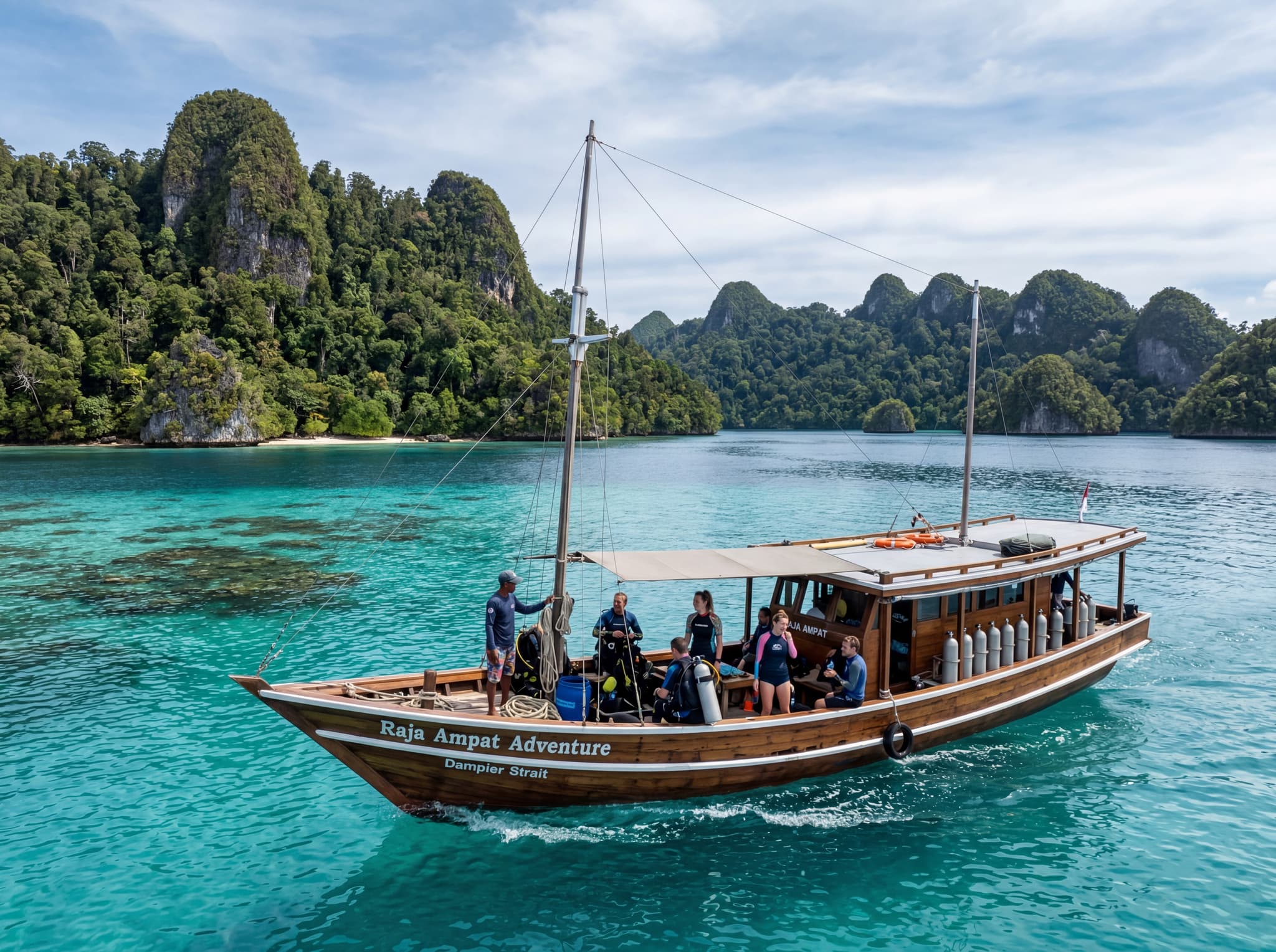 A dive boat on the turquoise waters of the Dampier Strait, Raja Ampat, with forested islands in the background — conveying the short, scenic boat ride from island resorts to the dive site and the remote tropical setting of the region.