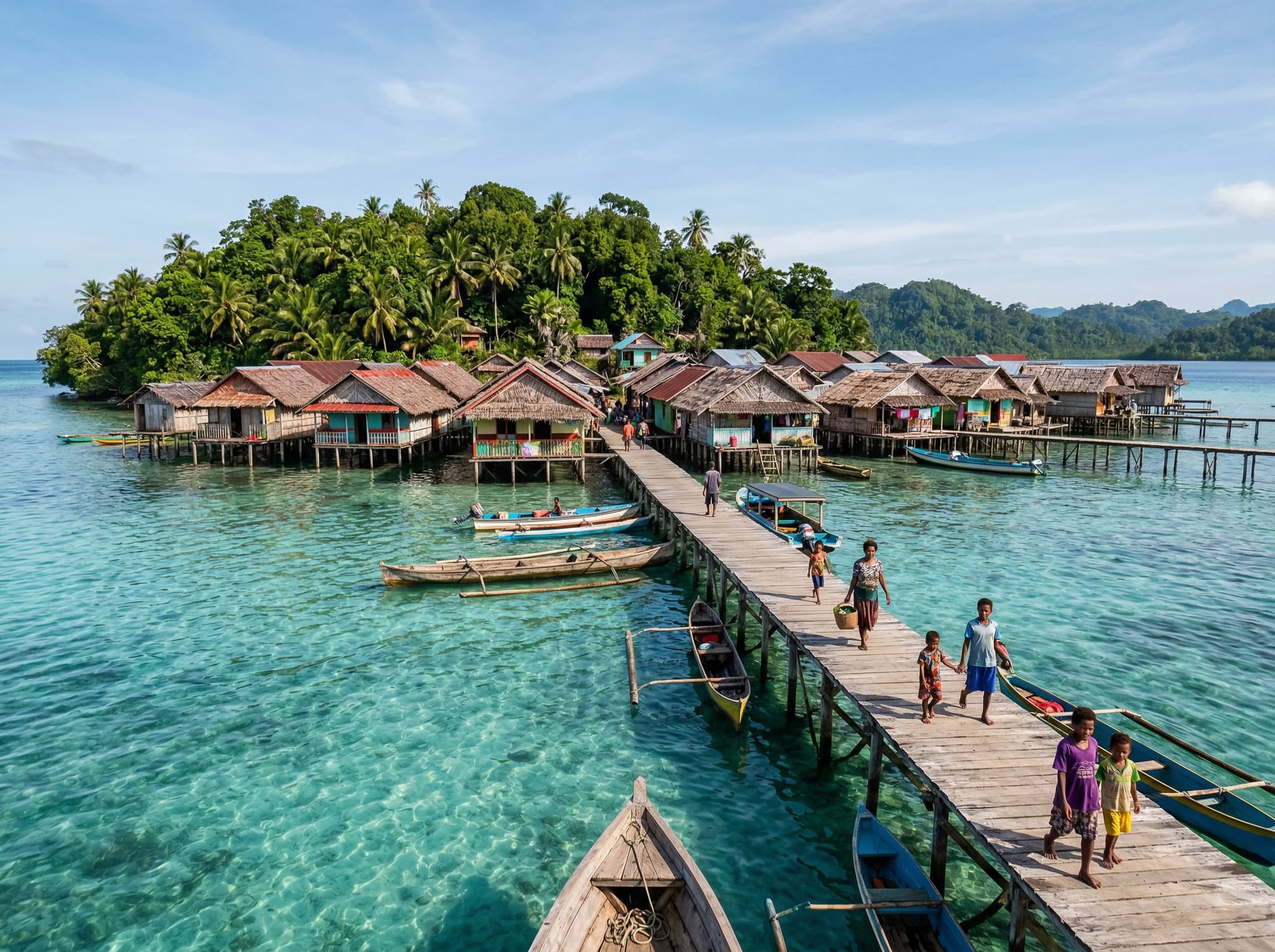 Arborek Island village seen from the water — a small Papuan island with traditional stilt houses and a wooden jetty, representing the closest land base to Manta Sandy and the community-led conservation context described in the article.