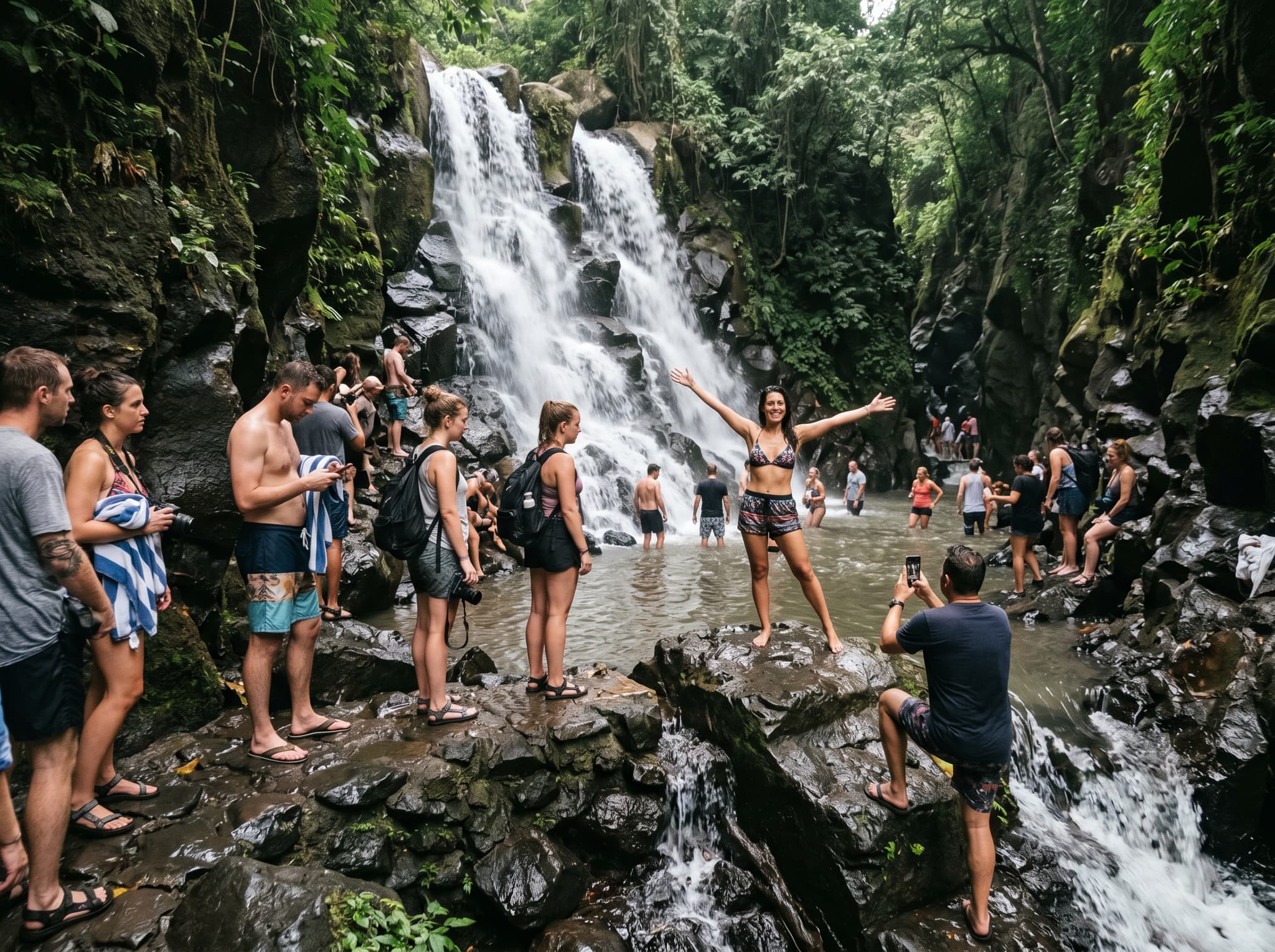 Visitors queuing and waiting their turn at the base of Kanto Lampo waterfall during peak hours, capturing the article's central observation that the falls function as an informal photo studio with a rotating cast of strangers occupying the same rock for ninety seconds