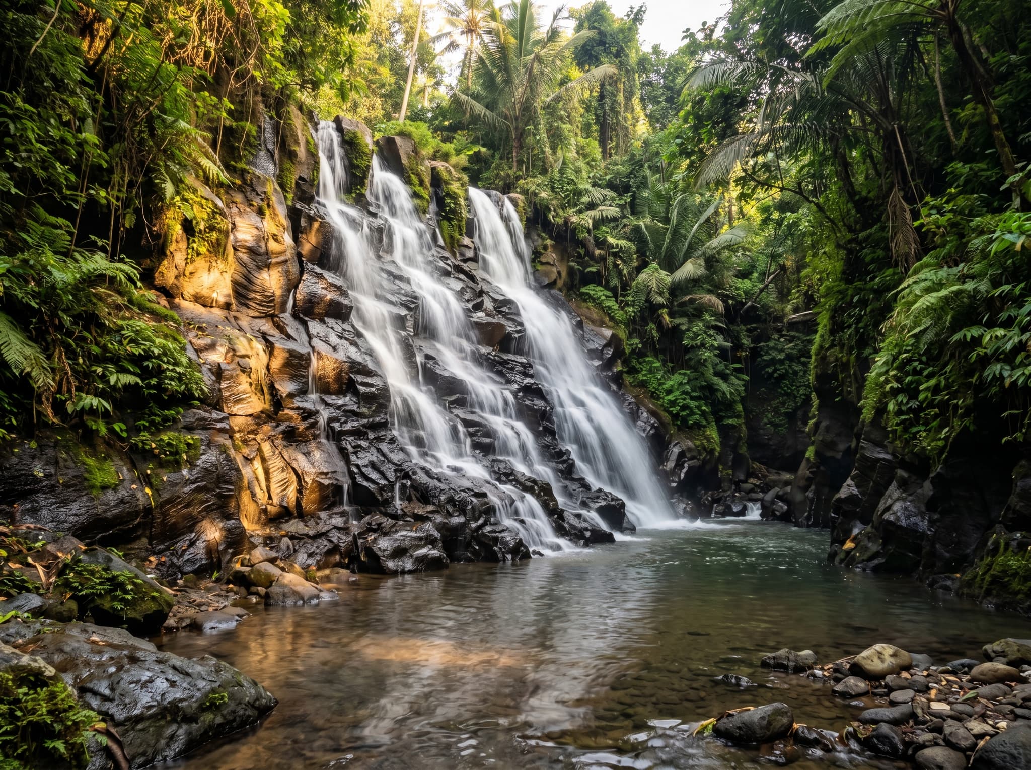 Kanto Lampo waterfall at early morning with low-angle light striking the dark volcanic rock face and an empty or near-empty pool at the base — illustrating the article's core advice that arriving before 9 AM transforms the experience entirely
