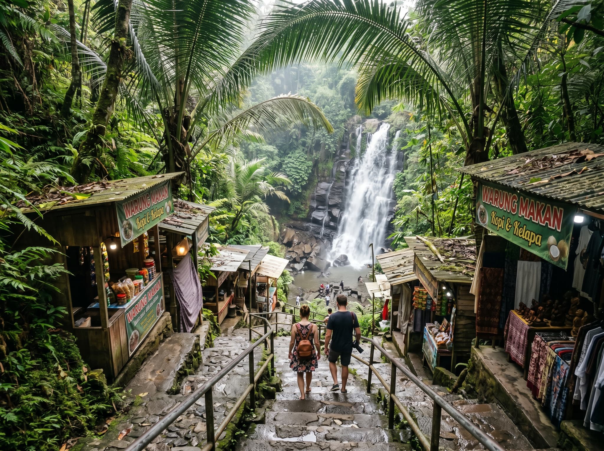 The narrow paved staircase descending through a corridor of warungs and dense tropical vegetation toward Kanto Lampo waterfall, representing the 5–10 minute walk from the parking area that the article describes as having its own quiet appeal