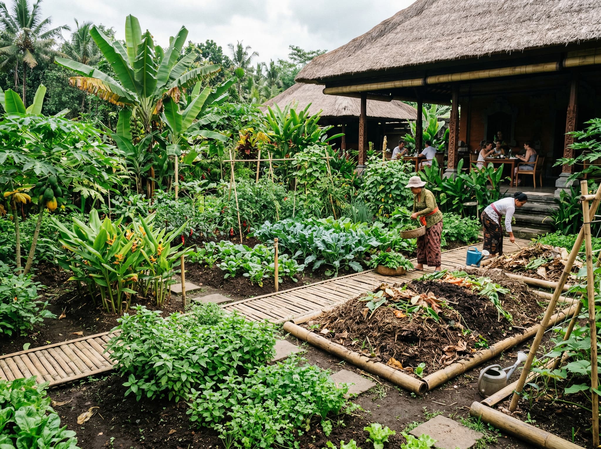 The permaculture garden at Moksa Ubud seen from the dining area — rows of edible tropical plants, composting beds, and lush greenery that feed directly into the kitchen, illustrating the garden-to-table concept described in the seating and garden section