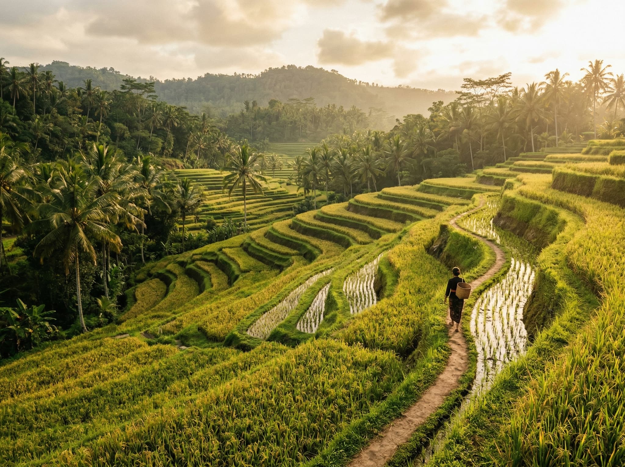 Late afternoon light over rice fields on the walk back from Moksa toward central Ubud, near the Sayan and Penestenan neighborhoods — capturing the golden-hour return journey the article's closing paragraph singles out as memorable