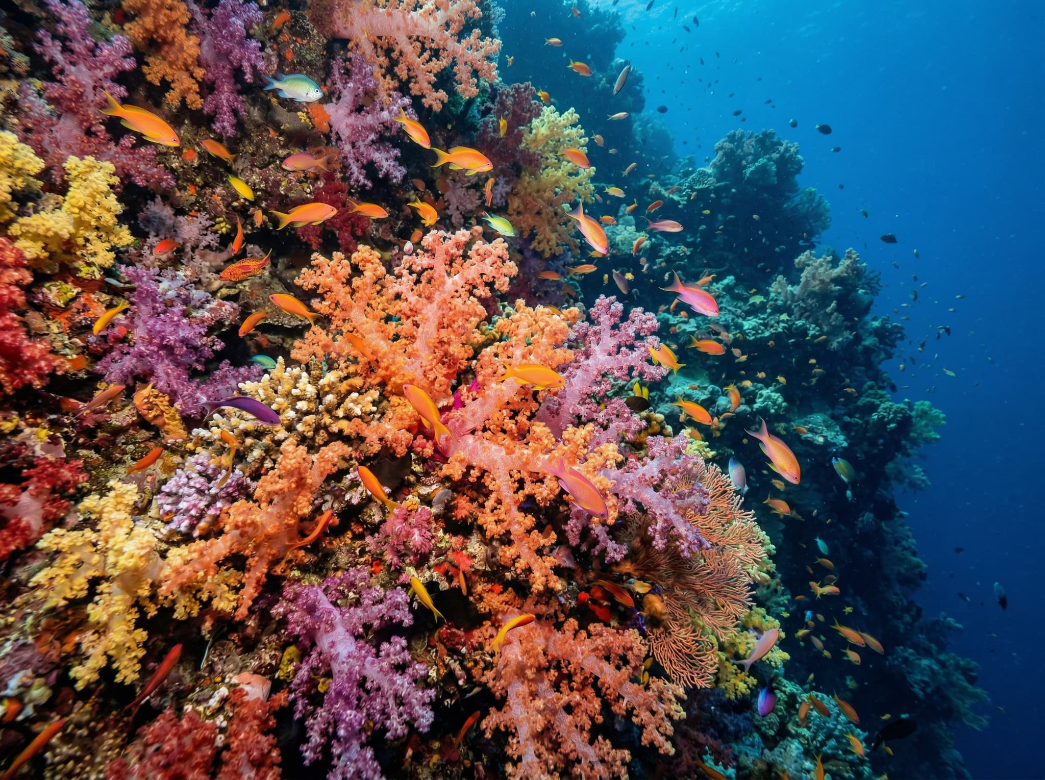 Underwater close-up of a Raja Ampat reef wall covered in vivid soft corals in orange, pink, and purple, with small reef fish darting through the coral branches, representing the coral density and color that divers encounter at Cape Kri's drop-off.