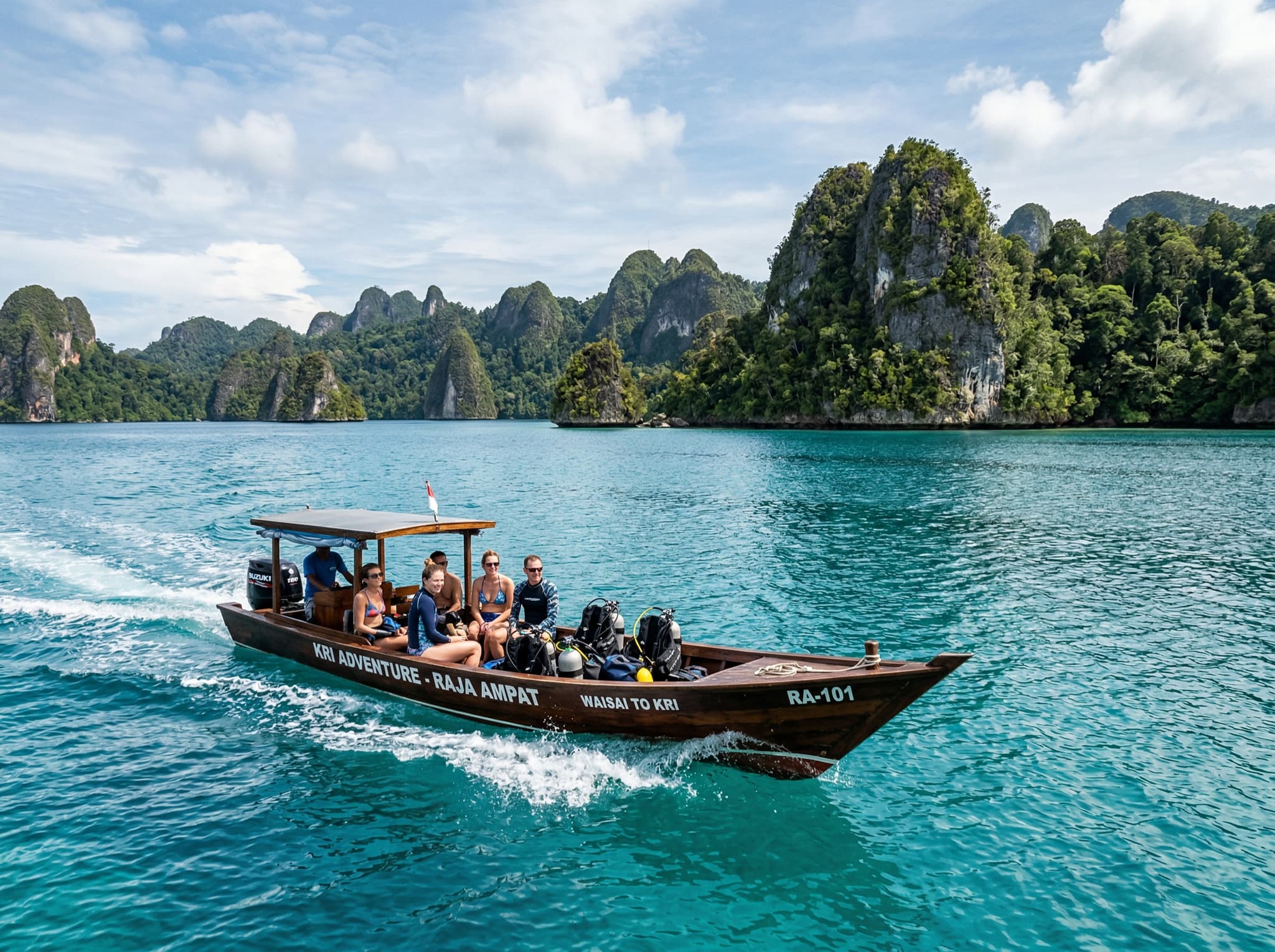 A small wooden boat or traditional speedboat crossing open turquoise water between islands in Raja Ampat, with forested limestone karst islands in the background, representing the inter-island transfer leg from Waisai to Kri Island that all divers must complete.