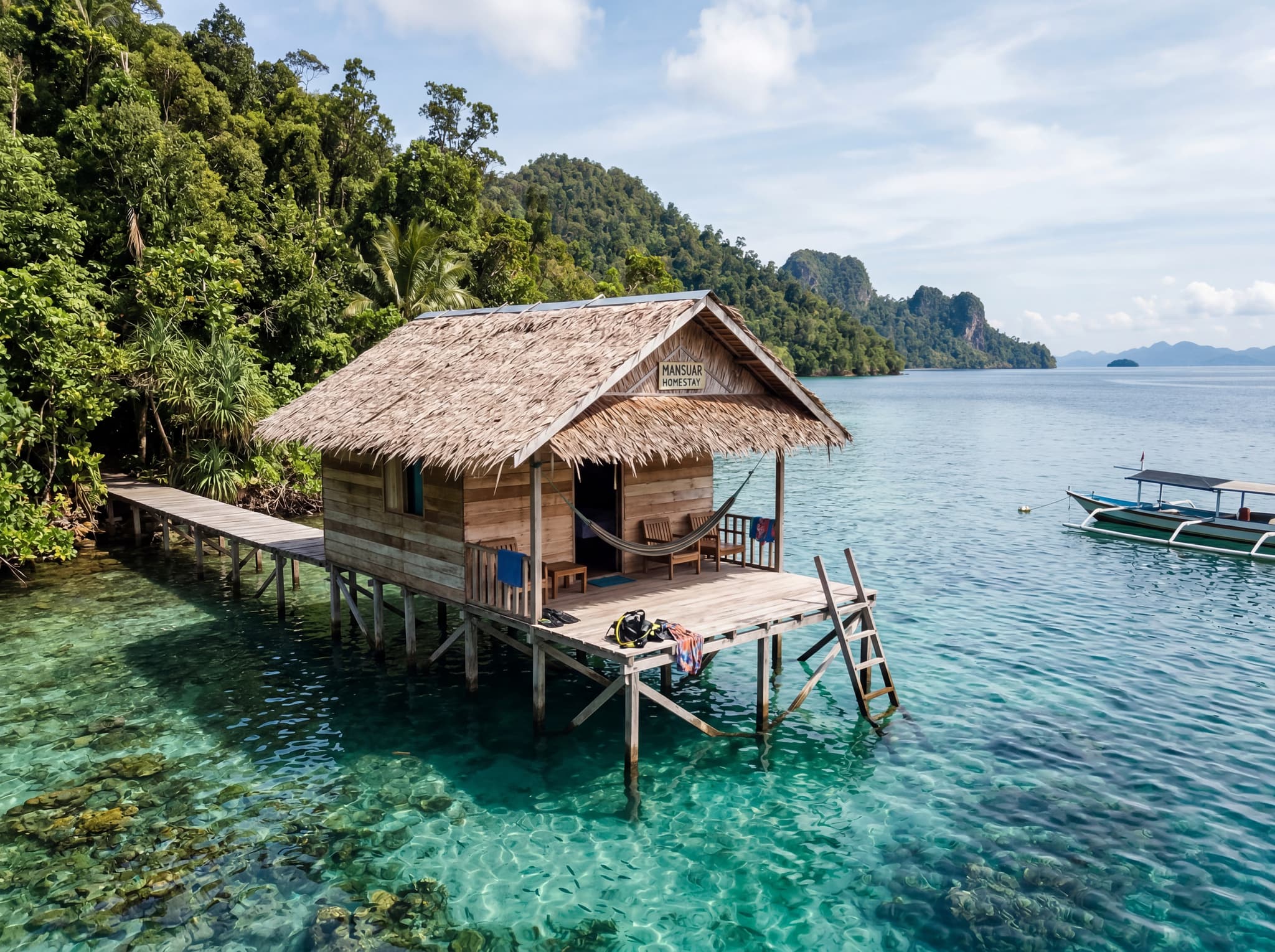 A simple, clean homestay bungalow on stilts over the water in Raja Ampat, surrounded by tropical vegetation and calm sea, representing the budget-friendly accommodation option on Kri Island that puts divers minutes from Cape Kri.