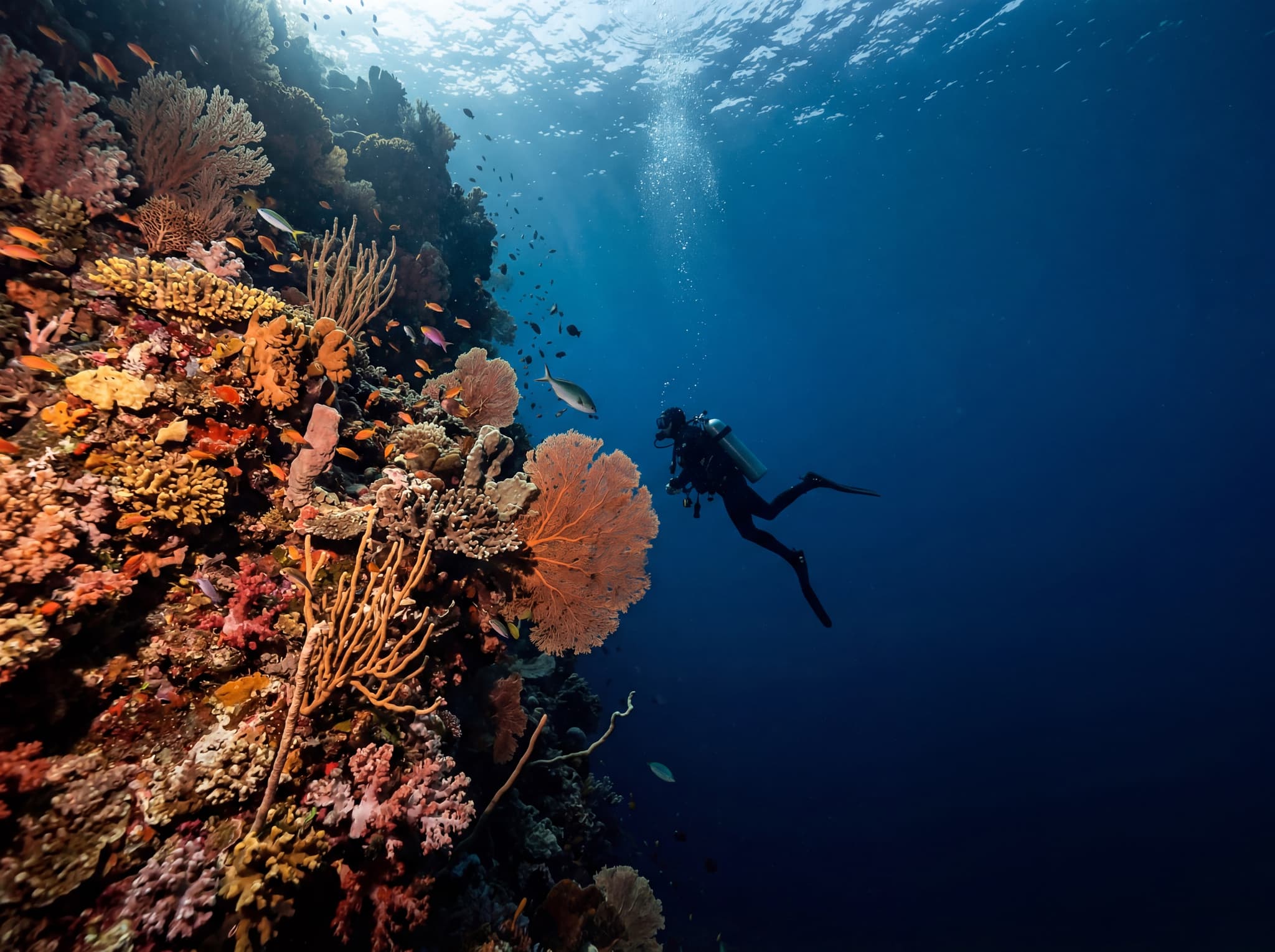 A diver descending along a dramatic reef wall in Raja Ampat, silhouetted against deep blue water with coral visible on the wall beside them, illustrating the advanced diving conditions — strong currents, deep drop-offs — that make Cape Kri unsuitable for beginners.