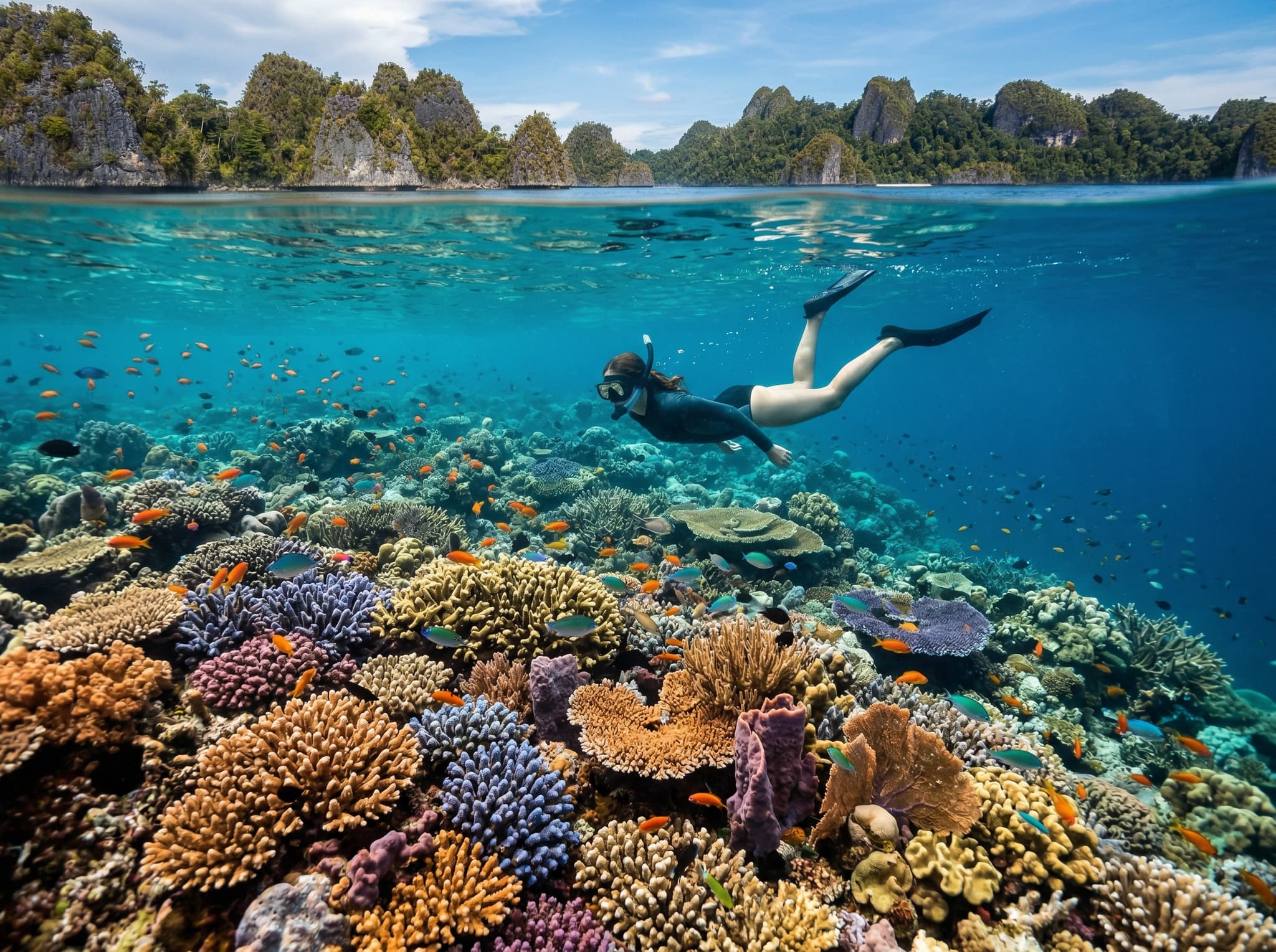A diver or snorkeler floating above an intact, densely populated coral garden in Raja Ampat, with no visible reef damage, representing the conservation success of the Raja Ampat Marine Protected Area and the responsible diving practices the article advocates.