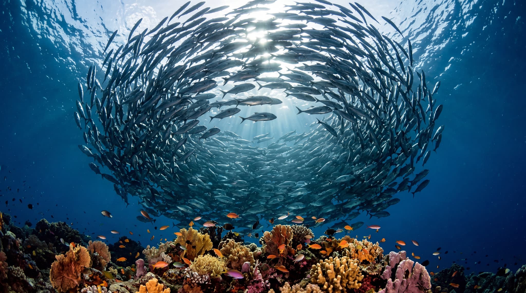 Underwater view at Cape Kri, Raja Ampat, showing a dense school of fish — barracuda or trevally — forming a living wall against deep blue water, with soft coral reef visible below, illustrating the extraordinary marine biodiversity that makes this site the world's most species-rich reef.