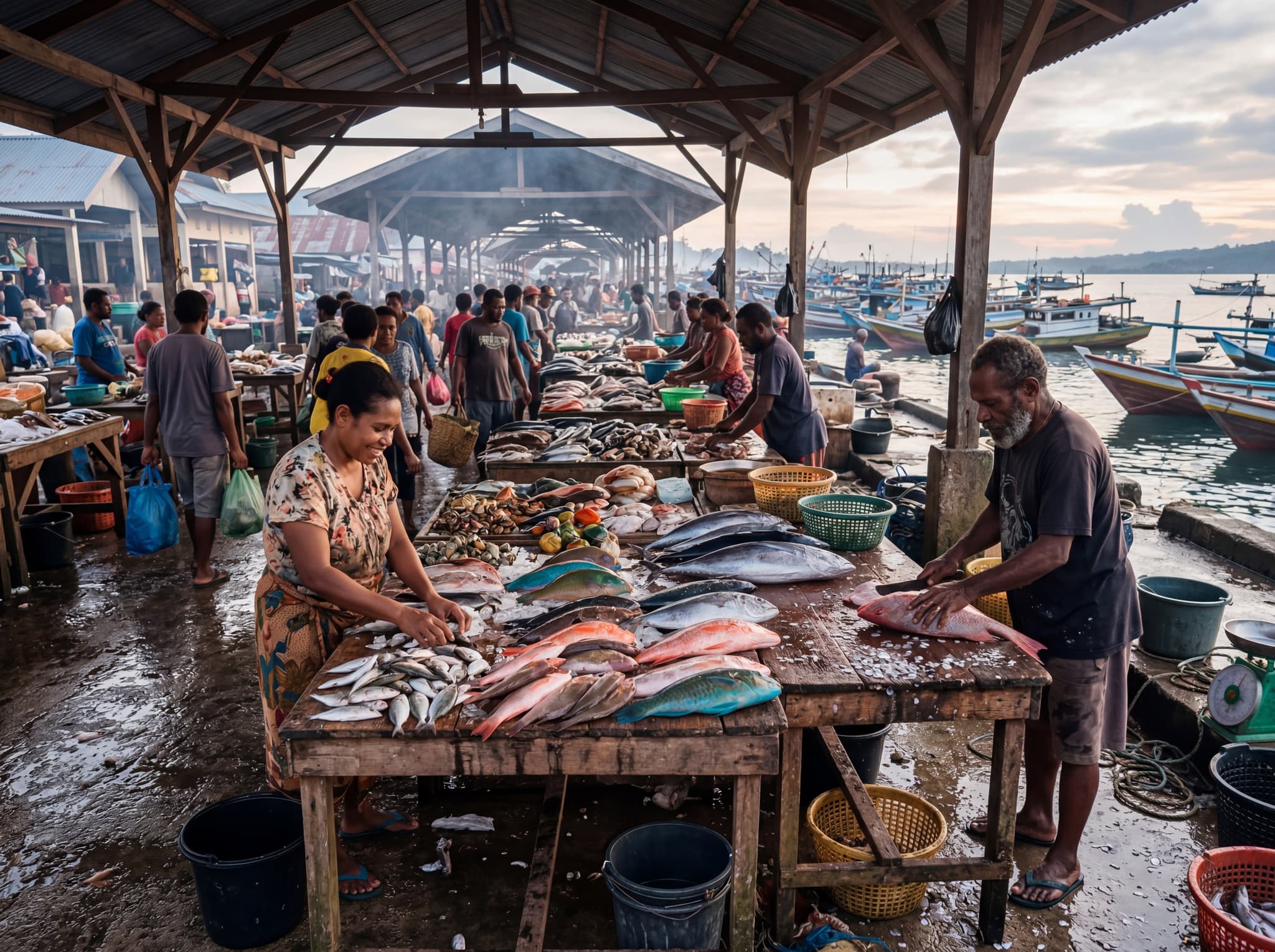 Sorong fish market at dawn — vendors and buyers surrounded by fresh reef fish, pelagics, and unfamiliar shellfish laid out on tables, illustrating the article's argument that the market offers a vivid, tangible preview of Raja Ampat's marine biodiversity before travelers even reach the water