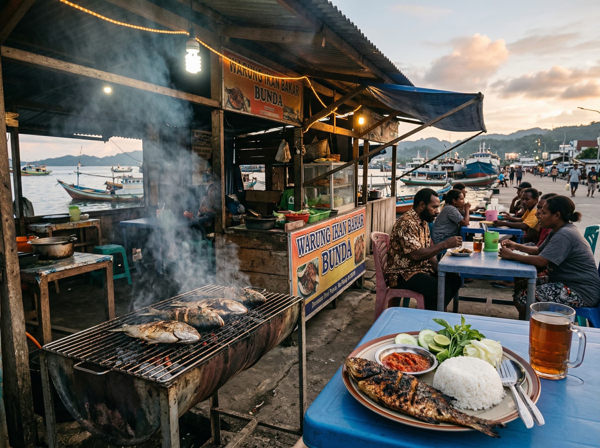 Waterfront warung stalls in Sorong serving ikan bakar — grilled fish over charcoal with sambal and rice — representing the article's recommendation to eat well in Sorong and engage with Papuan coastal food culture before the ferry crossing