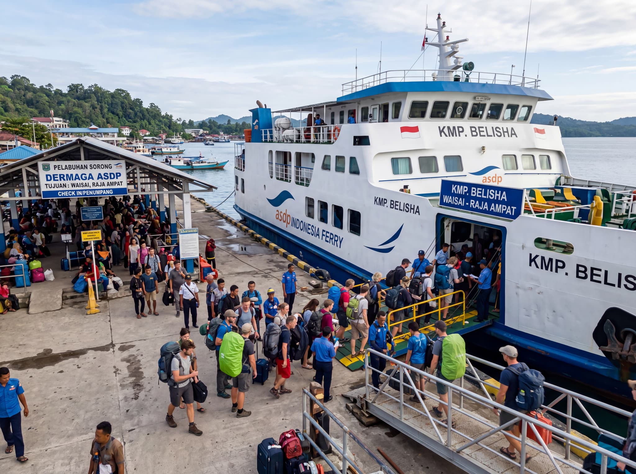 Sorong Port ferry terminal with the ASDP ferry or passengers boarding for Waisai, Raja Ampat — the physical departure point described in the article, showing the practical reality of the morning crossing that defines most travelers' experience of the city