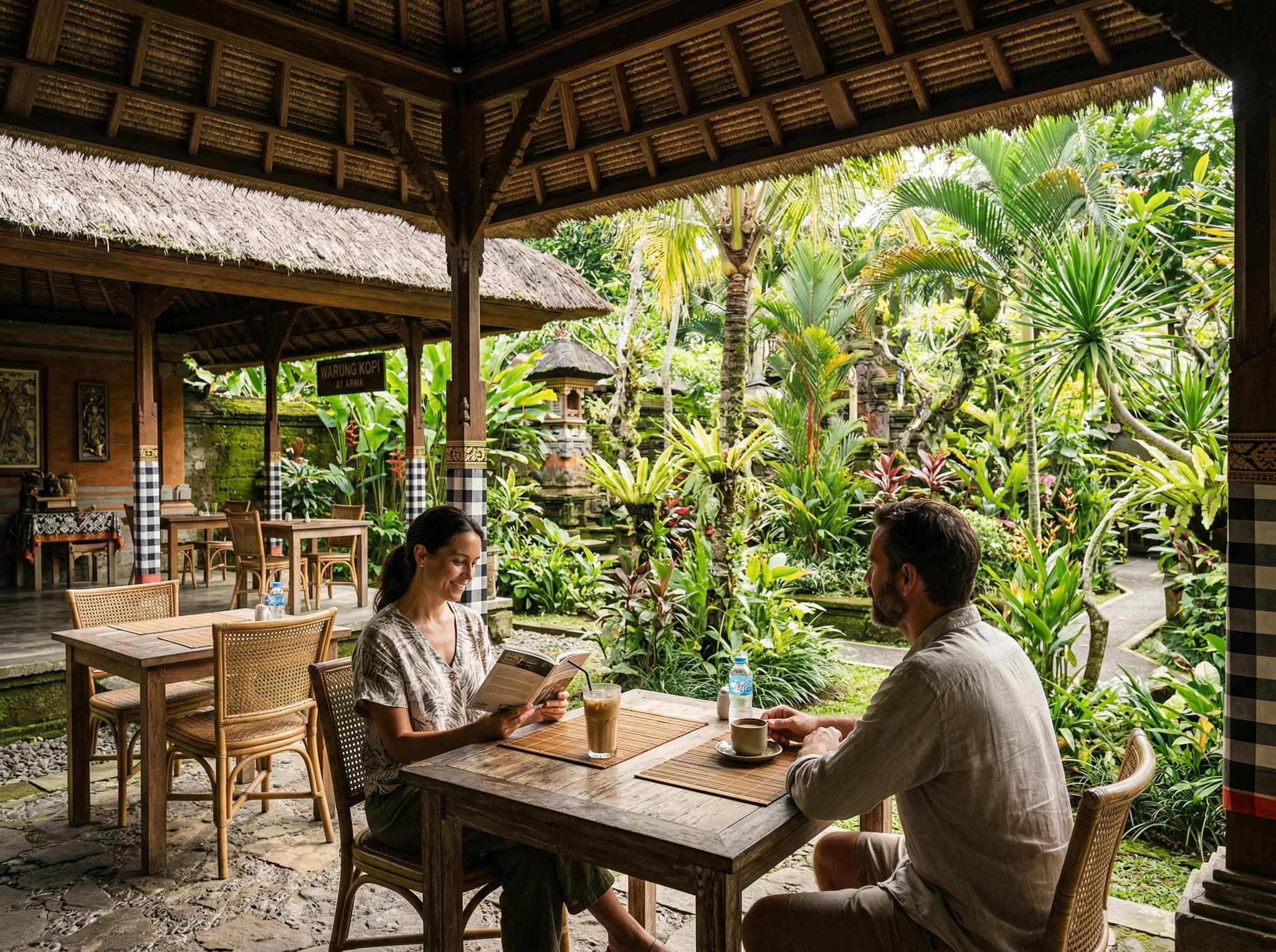 Warung Kopi café at ARMA Ubud — a shaded outdoor seating area overlooking the museum gardens, where visitors rest after walking the grounds, illustrating the post-museum wind-down experience the article recommends and the relaxed pace of a visit to ARMA.