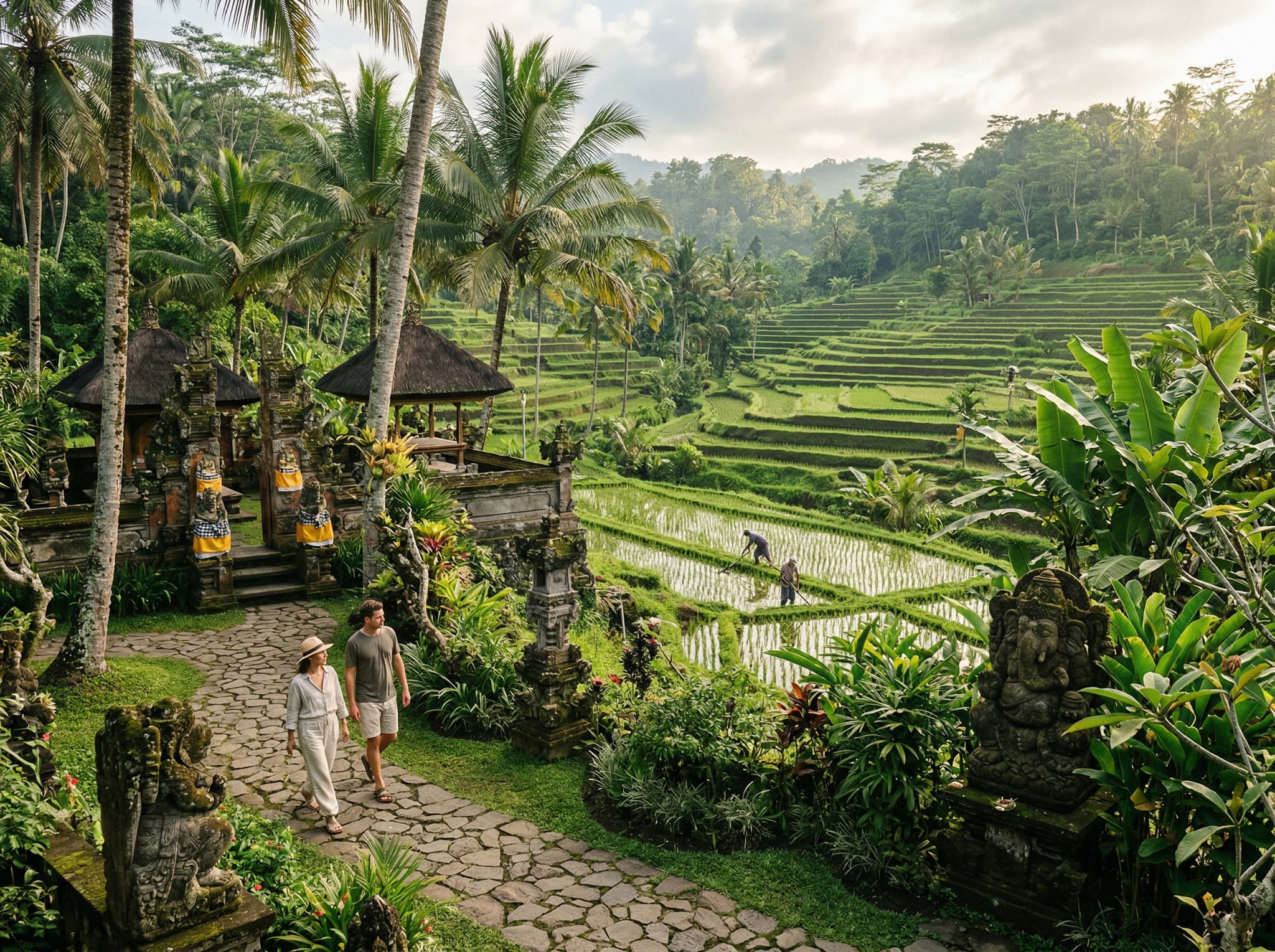 The garden grounds and rice terraces at the back of ARMA's six-hectare property in Ubud's Pengosekan neighborhood — showing the working terraces, coconut palms, and stone carvings that make the museum grounds as significant as the galleries themselves, and illustrating why a visit takes two to three hours.