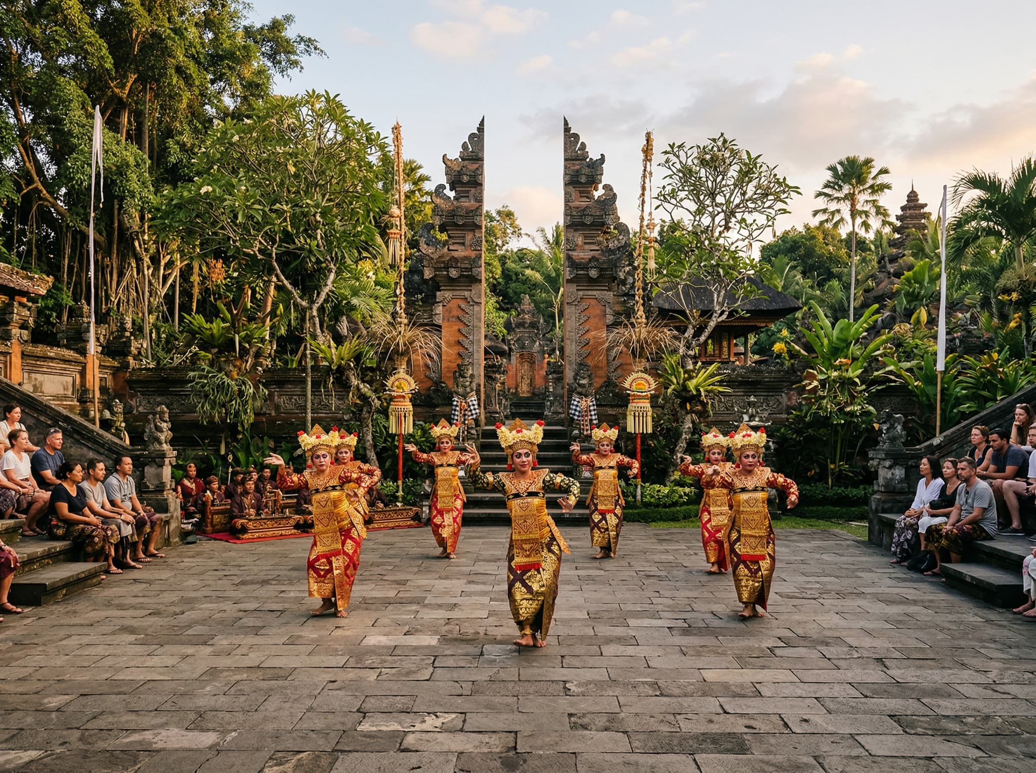 The ARMA Open Stage outdoor performance venue on the museum grounds in Ubud — an open-air Balinese theater setting where traditional dance and theater performances are staged, showing the architectural space and tropical garden surroundings that make it distinct from conventional tourist dinner shows.