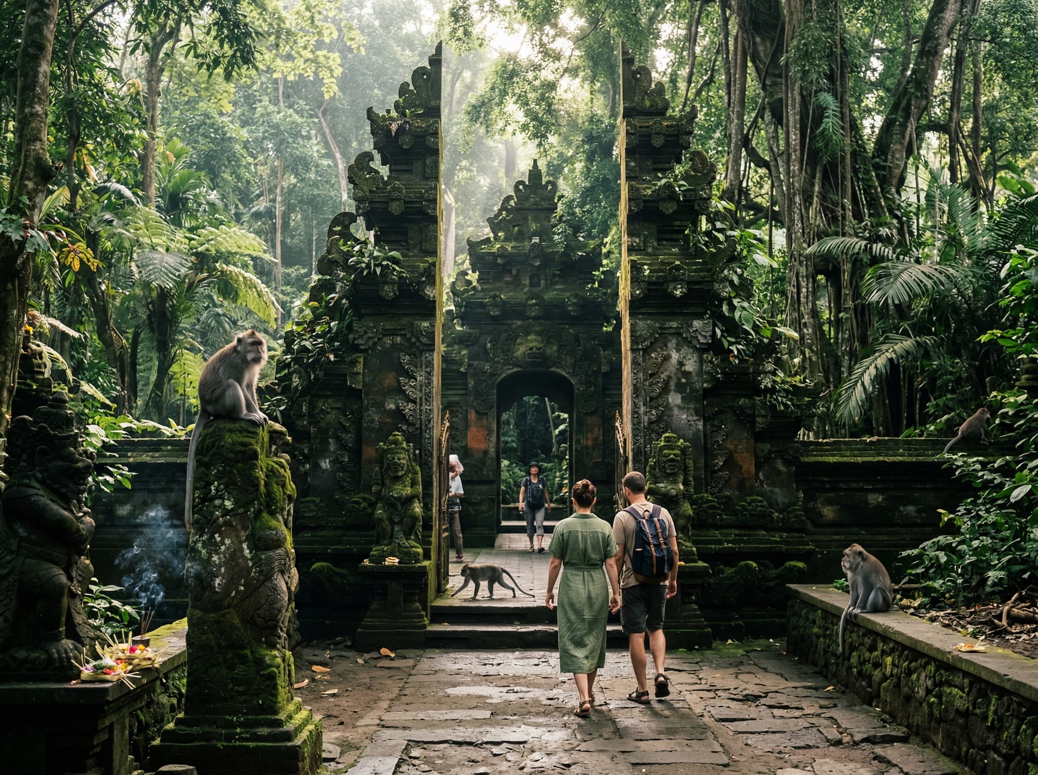 The Sacred Monkey Forest entrance area in Ubud — the nearby landmark a 10-minute walk north of ARMA that the article recommends pairing with a museum visit, showing the forest's dense tropical canopy and stone temple gates that make it one of Ubud's most recognizable landmarks.
