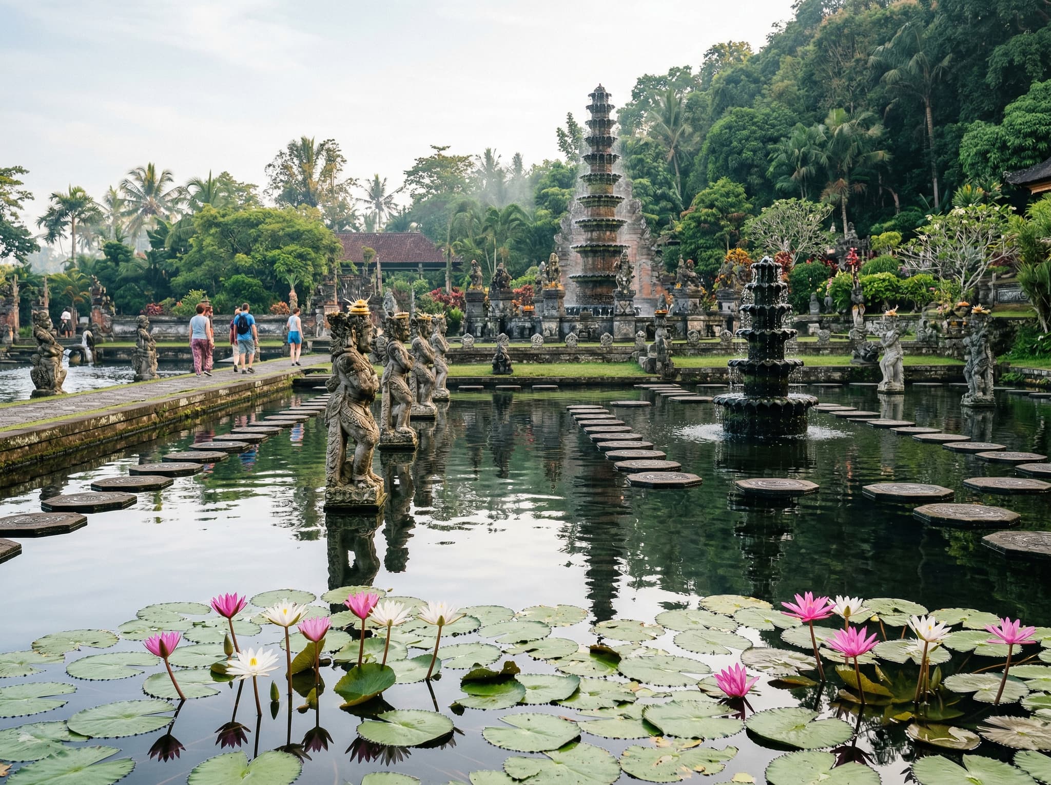 Tirta Gangga water palace in Karangasem, Bali — the ornate royal water garden visited by travelers based in Candidasa, illustrating the broader east Bali context the article describes when explaining why travelers choose Candidasa as a base