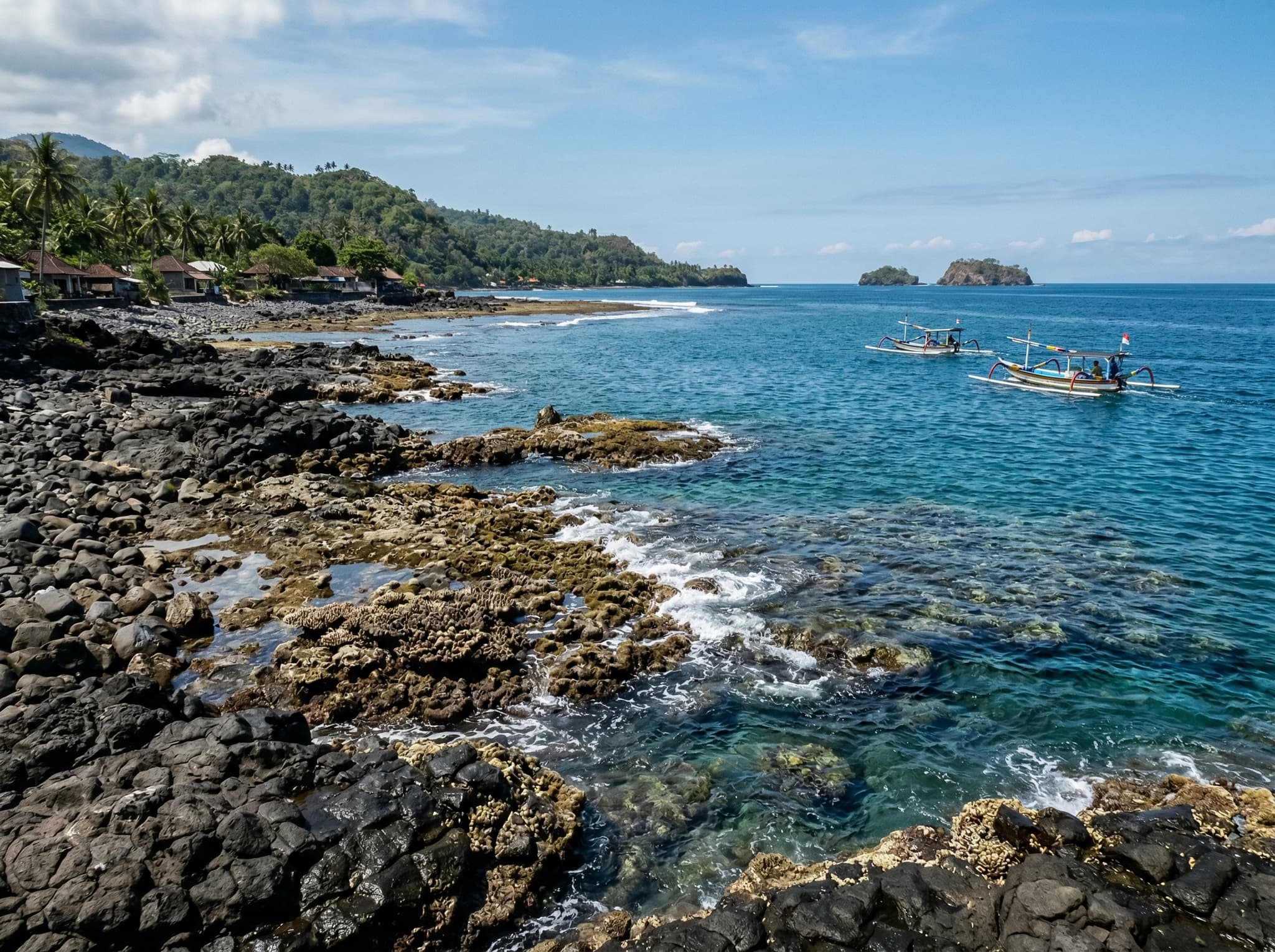 The coastline near Candidasa, Bali, looking toward the dive sites of Gili Tepekong — rocky reef shoreline with dark volcanic rock and blue-green water, representing the diving and coastal activities that make Candidasa a practical base for east Bali exploration