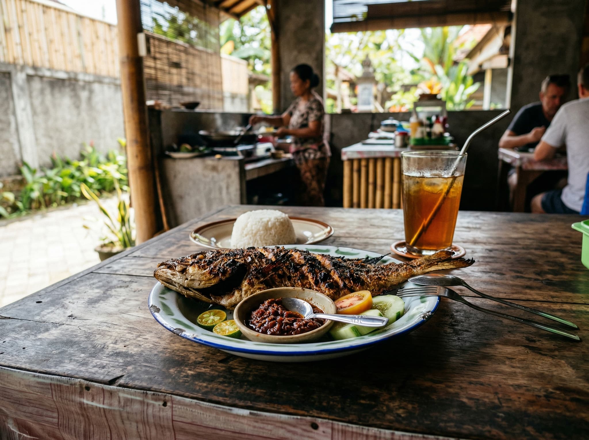A plate of Indonesian nasi goreng or grilled whole snapper served at a simple warung table in Bali — the kind of honest, home-cooked food that Warung Astawa is known for, representing the fixed-price menu described in the article