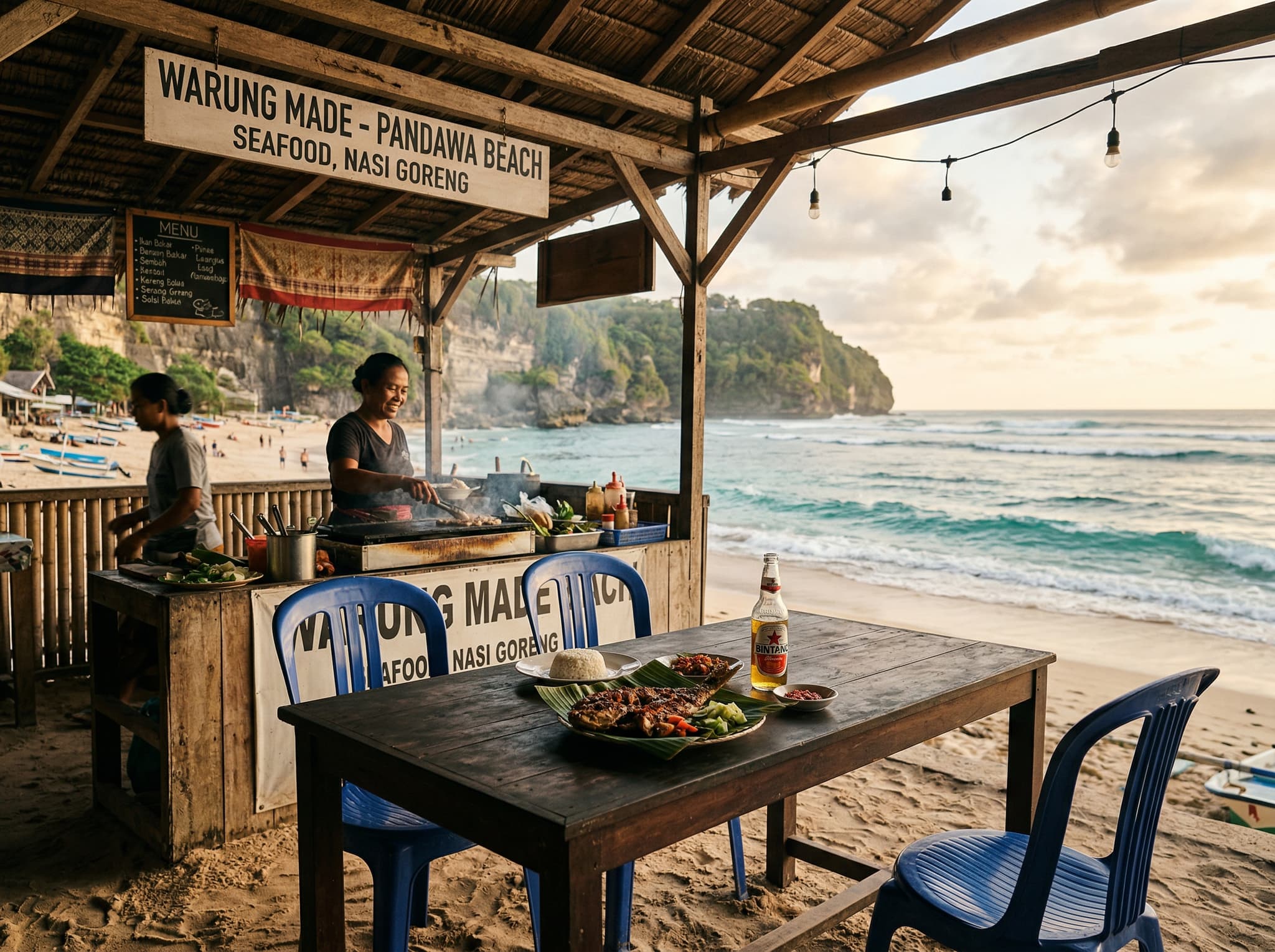 A beachfront warung at Pandawa Beach serving local Indonesian food — nasi goreng or grilled fish on a simple table near the sand, capturing the casual, cash-only dining culture that lines the beach's shoreline