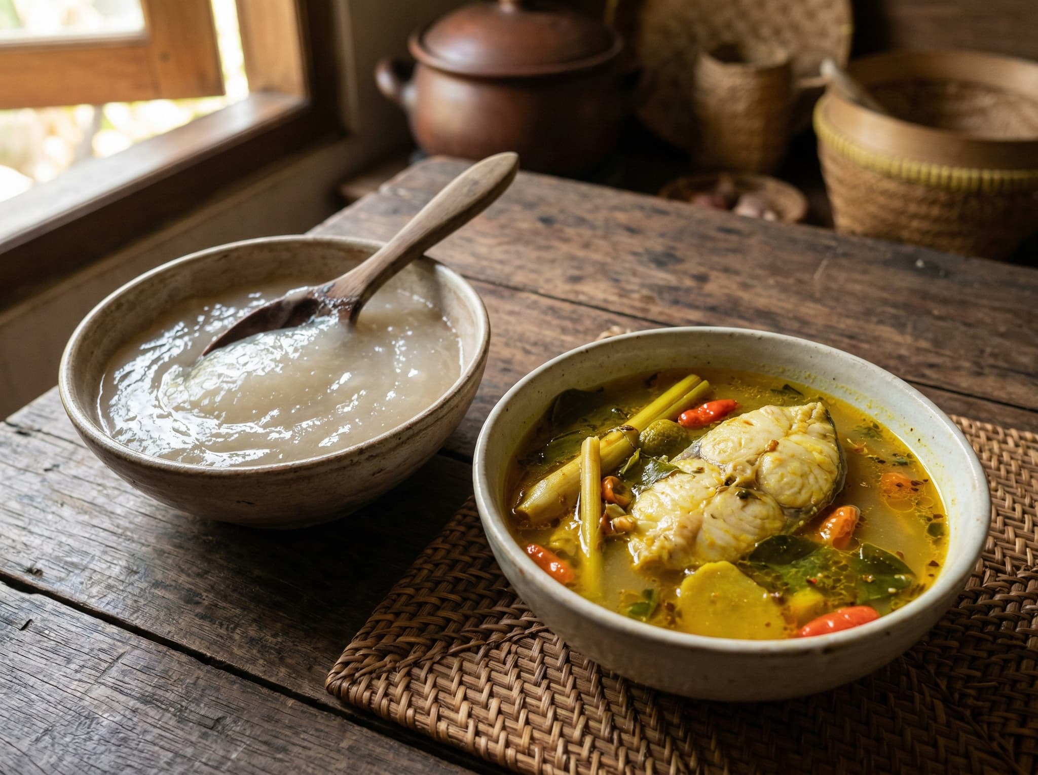 A bowl of papeda — the traditional Papuan sago porridge — alongside a clay bowl of golden ikan kuah kuning fish broth with turmeric and lemongrass, the defining meal of Raja Ampat described in the article as the dish travelers remember longest.