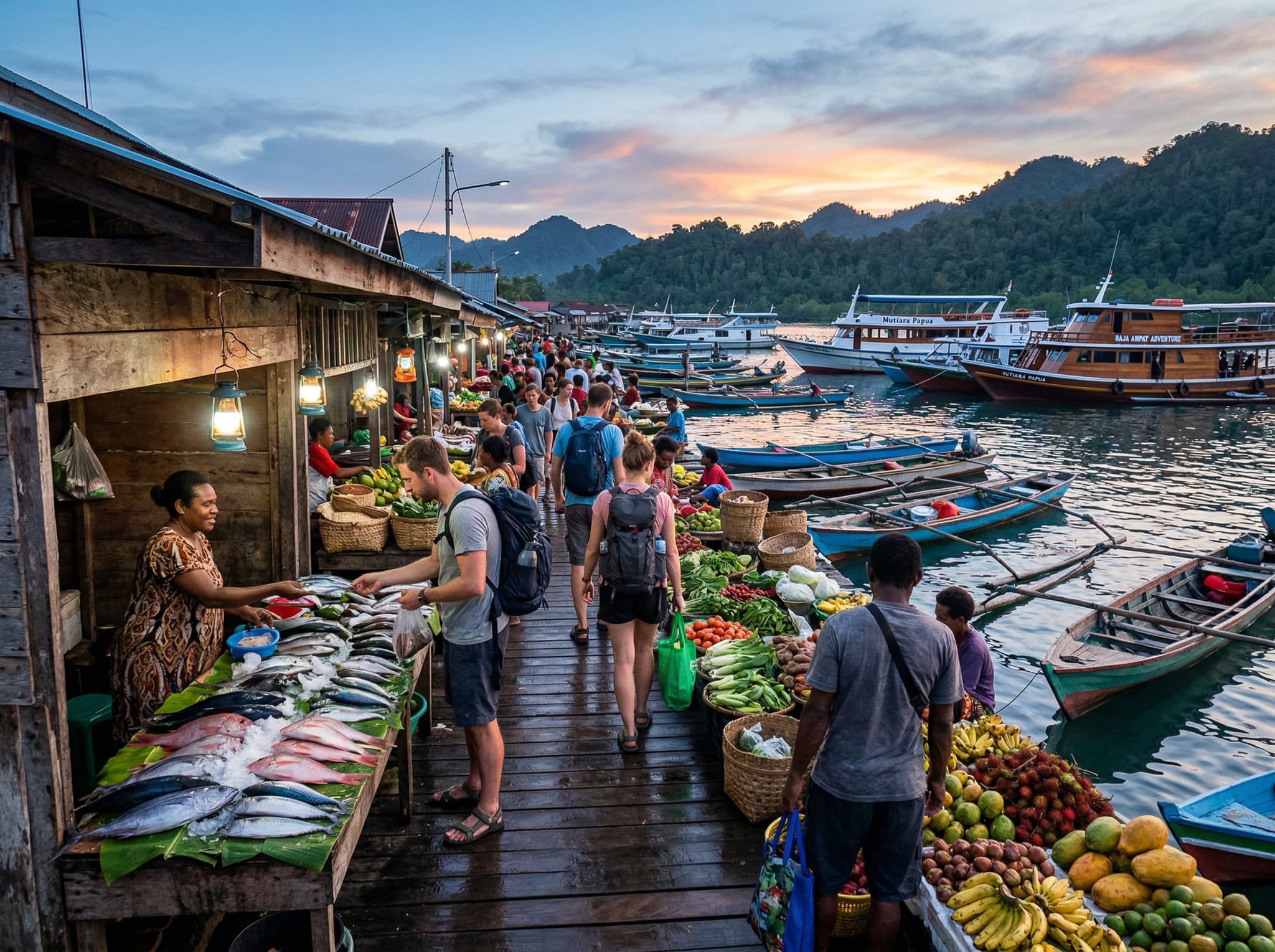 The Waisai waterfront market at dawn, with vendors selling fresh fish and produce along the eastern creek — the early-morning provisioning stop described in the article for travelers stocking up before heading to Raja Ampat's outer islands.