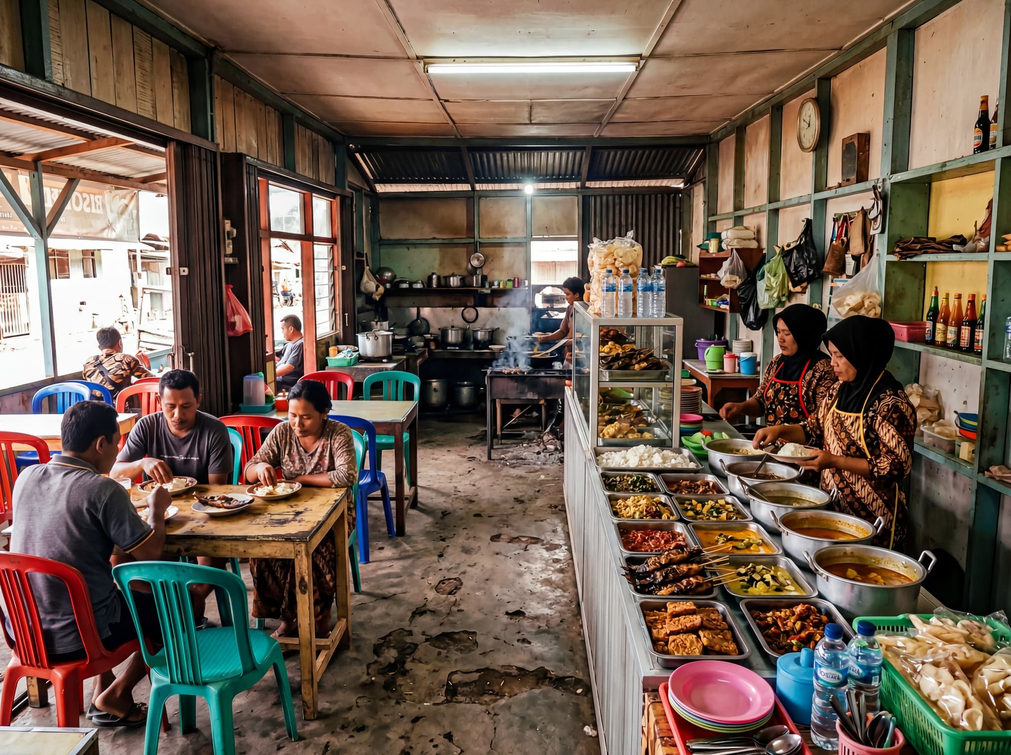 A simple Indonesian warung interior in Waisai, Raja Ampat — plastic chairs, a counter with rice and fish dishes displayed, fluorescent lighting — representing the no-frills local restaurant experience available to travelers passing through the administrative hub.