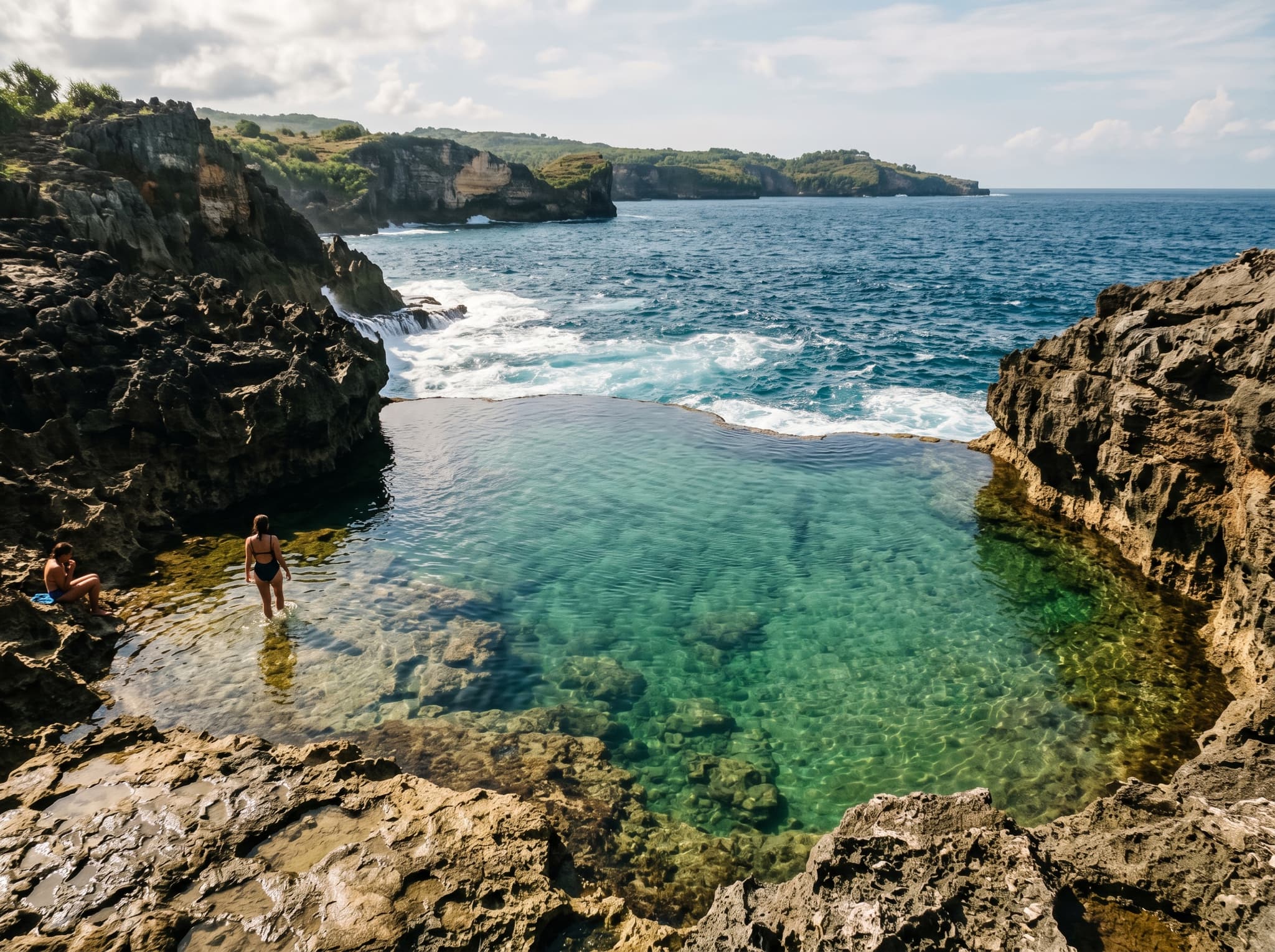 Angel's Billabong natural tidal infinity pool on Nusa Penida at low tide, with clear turquoise water collected in the coastal rock shelf — shown here as the site commonly paired with Broken Beach on a west-coast day visit