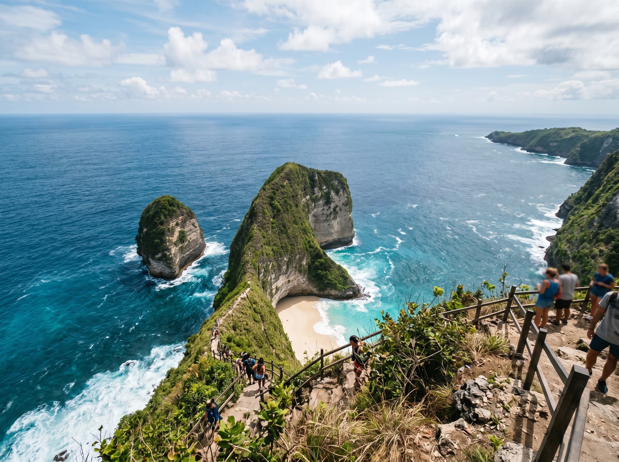 Kelingking Beach on Nusa Penida showing the iconic T-Rex shaped cliff headland and turquoise bay below — referenced in the article as the third stop on the standard west-coast day tour combining Broken Beach and Angel's Billabong