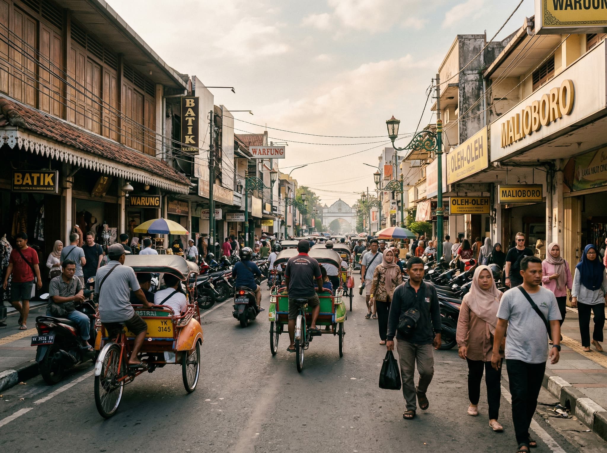 Jalan Malioboro in Yogyakarta looking south toward the Kraton district — the busy pedestrian street that leads visitors past Sonobudoyo Museum, showing the walkable urban context between the famous shopping strip and the museum entrance on Jalan Trikora