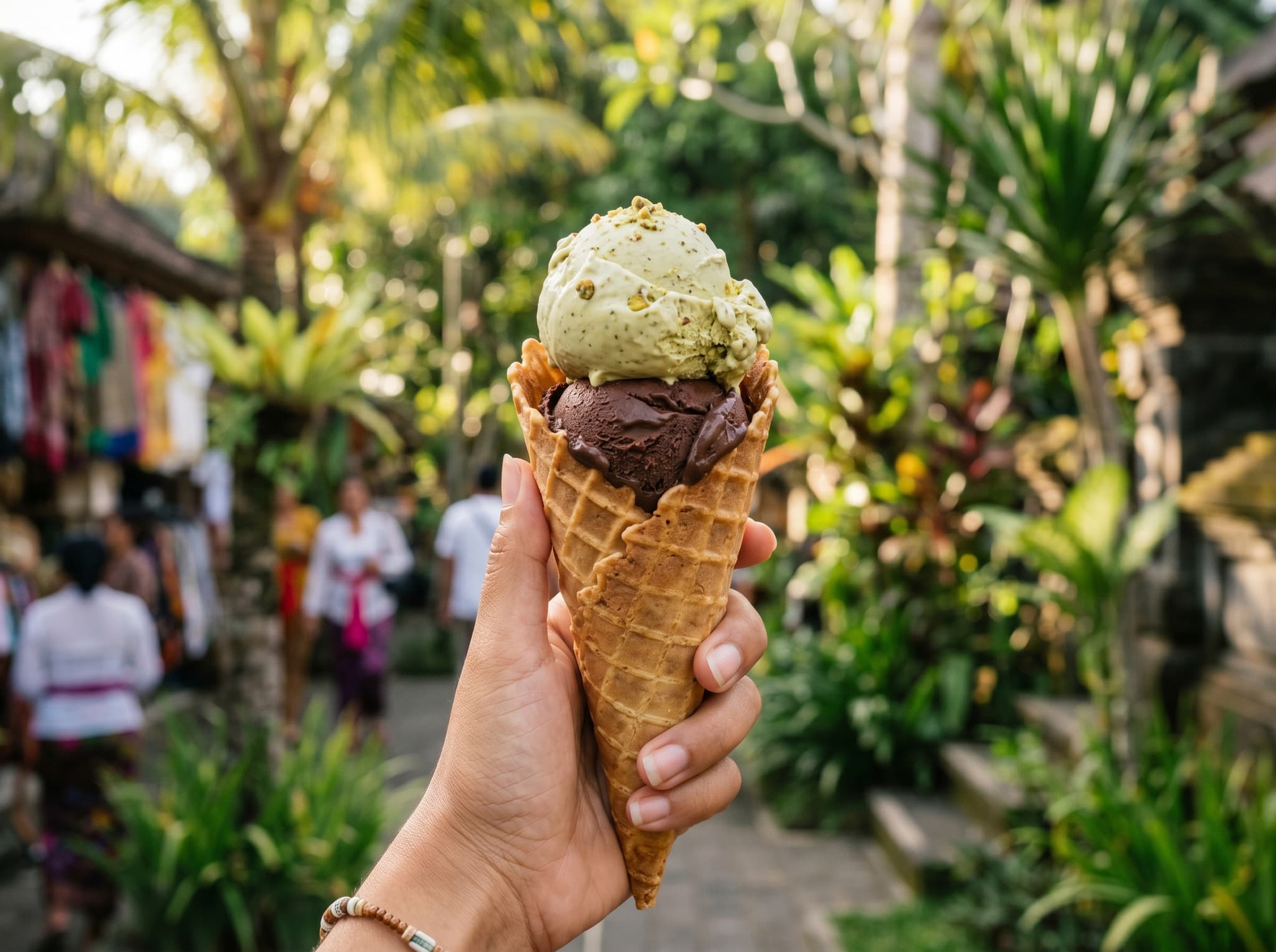 Two scoops of gelato in a waffle cone held against a softly blurred tropical background — dense, smooth texture visible, one dark chocolate and one pale pistachio scoop. The image illustrates the article's description of Massimo's house-made cone and the quality of its cream-based gelato flavors.