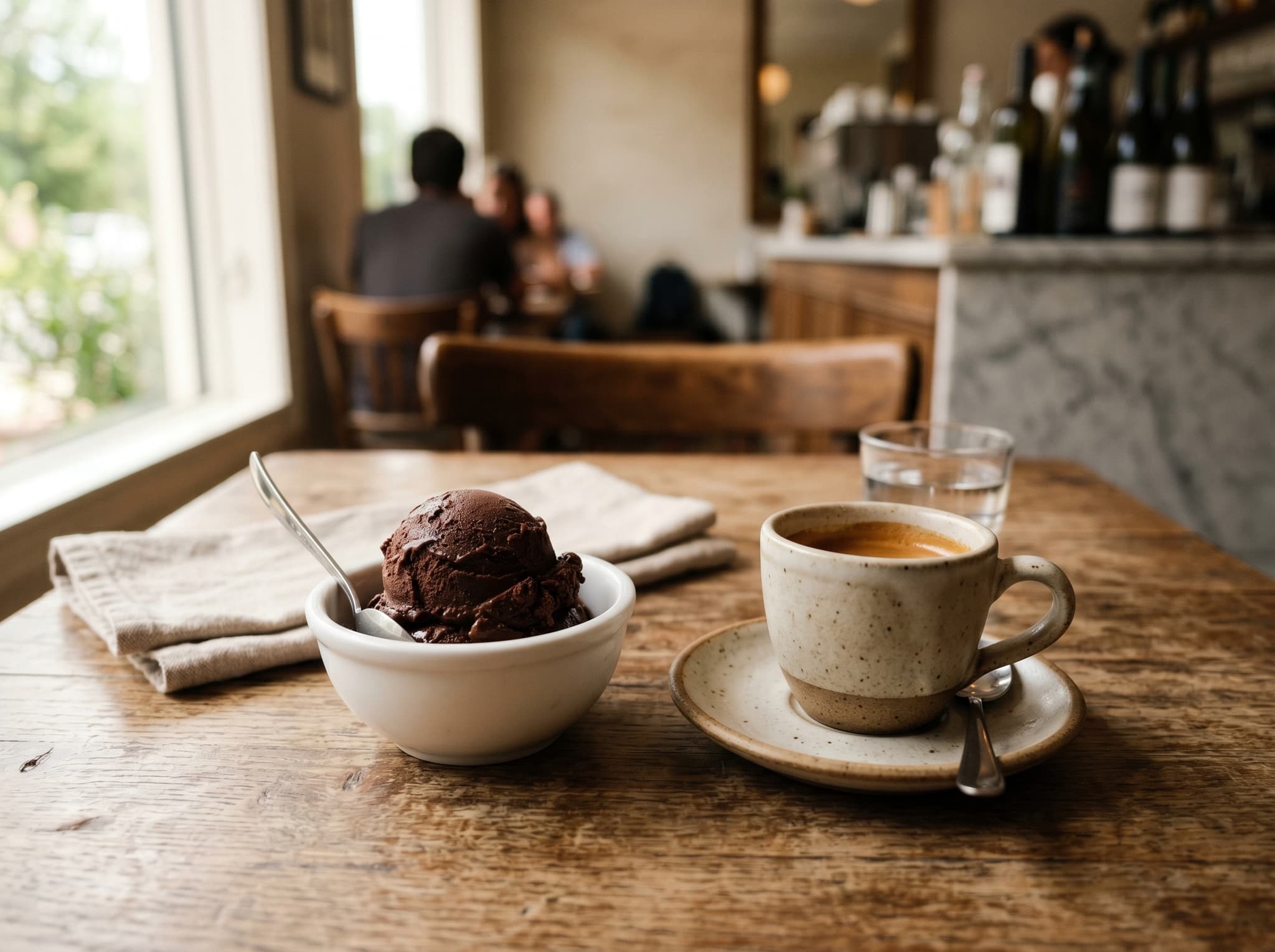 A small cup of espresso beside a single scoop of dark chocolate gelato on a simple café table, suggesting the affogato-by-proximity pairing described in the article. The image supports the section on Massimo's coffee program and the pleasure of combining the two.