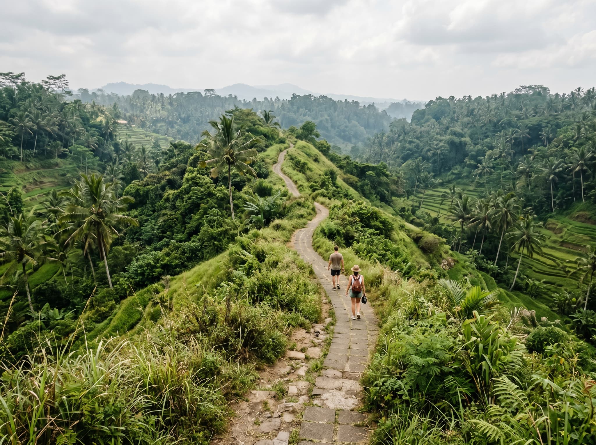 The Campuhan Ridge Walk in Ubud, Bali — a narrow dirt path cutting through green rice fields and tropical hillside, with walkers in the distance under a hazy midday sky. The image contextualizes the article's suggestion of Massimo as a post-walk stop after this popular Ubud trail.
