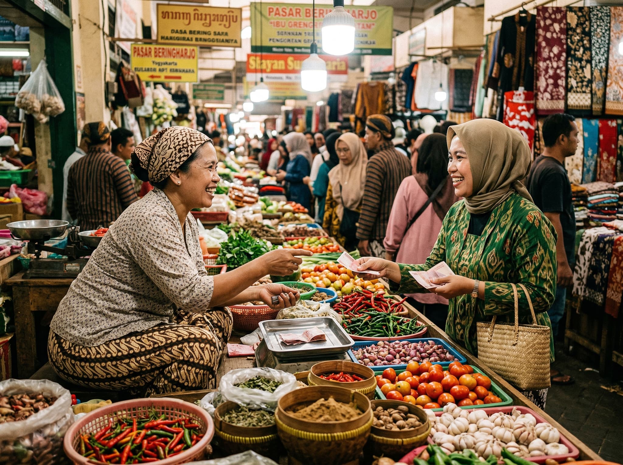 A vendor and customer negotiating over goods at a market stall in Pasar Beringharjo, Yogyakarta — illustrating the bargaining culture described in the article, with cash changing hands and the informal, human exchange that defines the market experience
