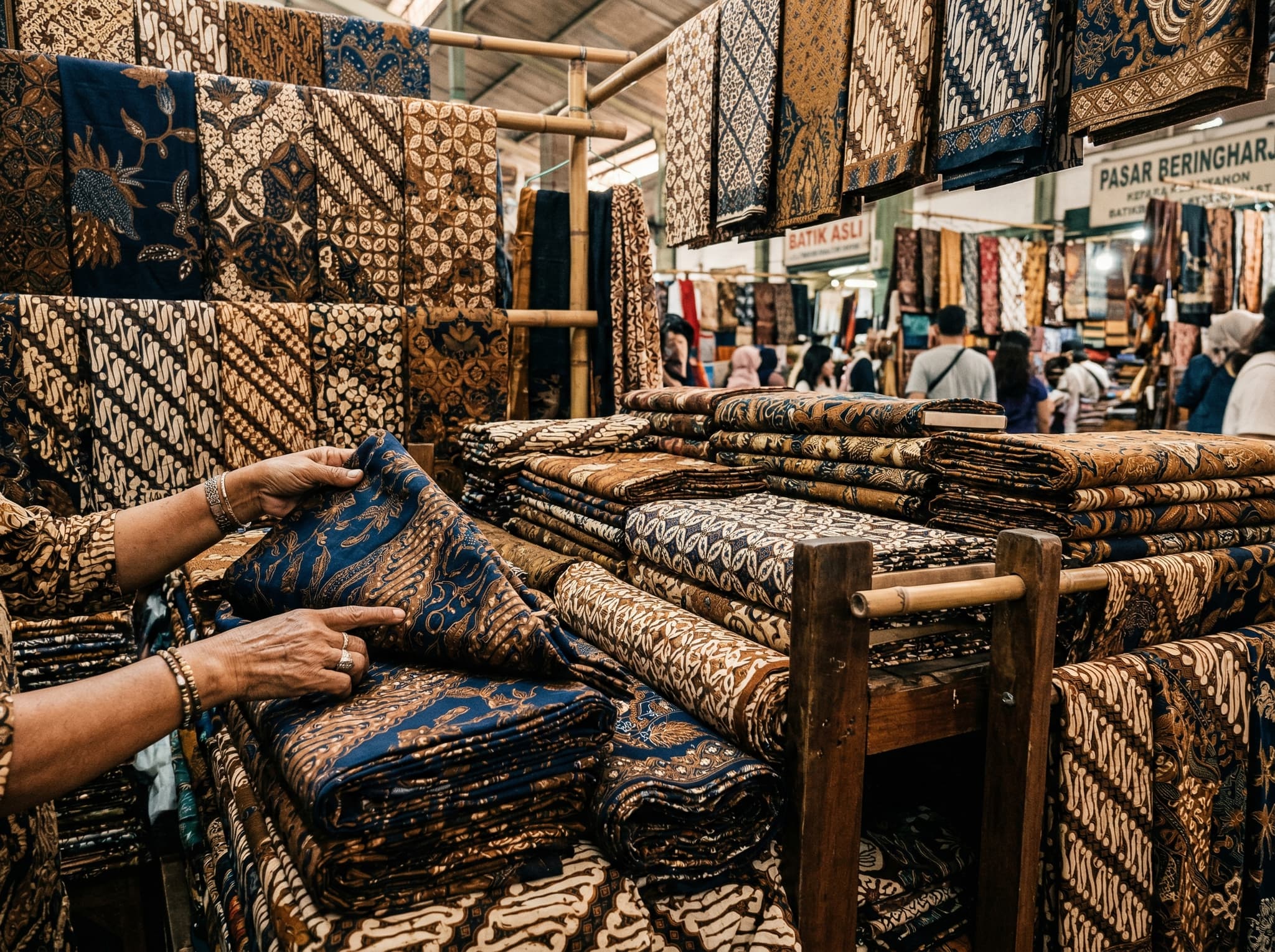 Batik cloth displayed at a vendor stall in Pasar Beringharjo's northwest section — bolts of hand-drawn batik tulis fabric in traditional Javanese patterns of deep indigo, brown, and cream, illustrating the market's primary draw for serious textile buyers