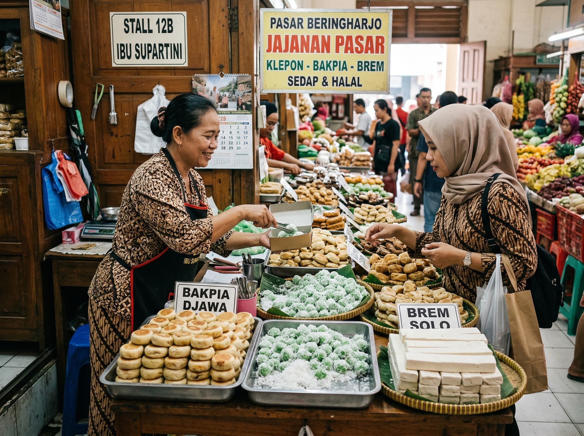 Food stalls on the south side of Pasar Beringharjo selling traditional Javanese snacks — bakpia pastries, klepon rice balls, and brem sweets displayed in trays, with a vendor serving morning customers, illustrating the market's food culture described in the article