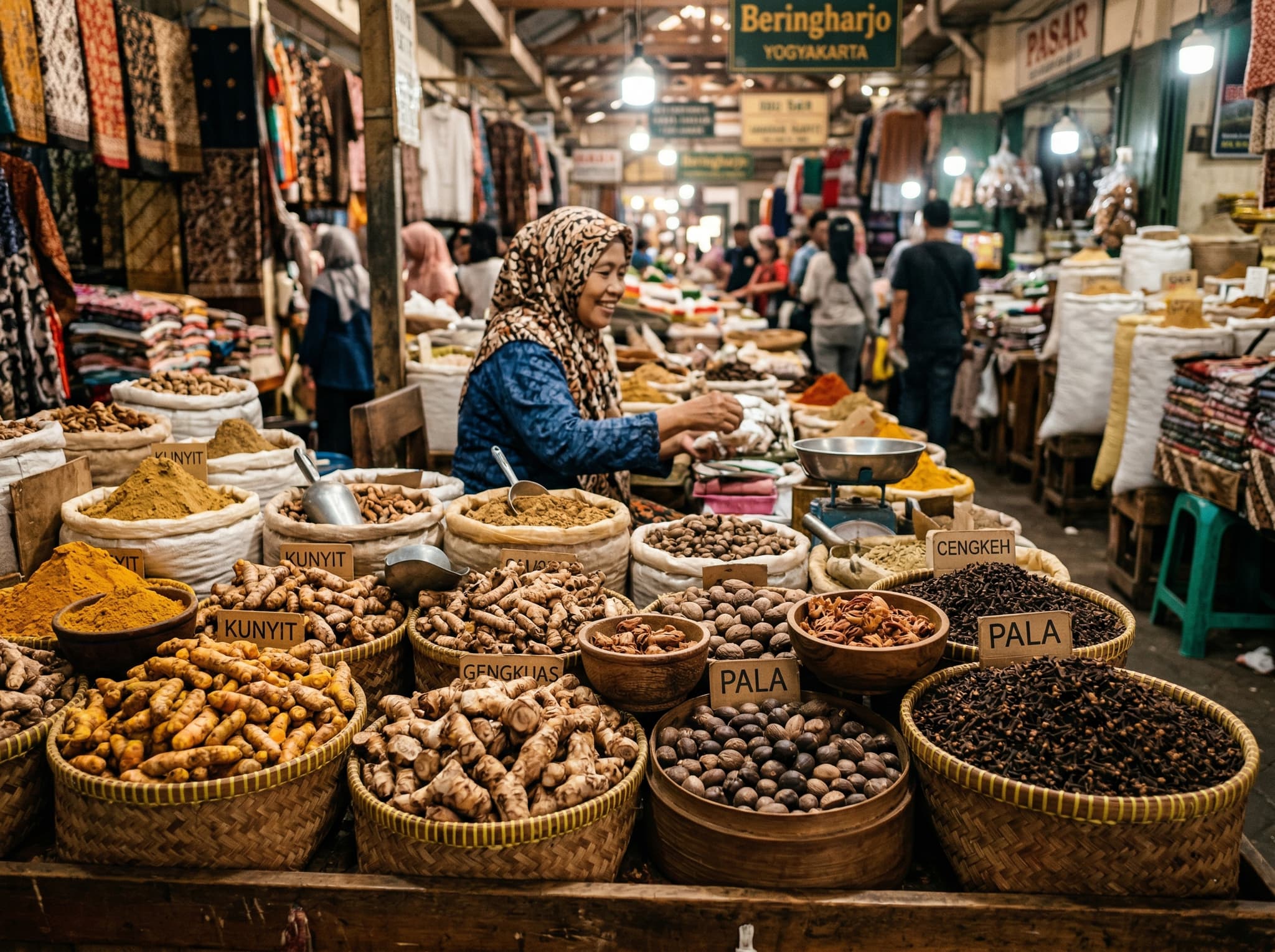 Spice stalls inside Pasar Beringharjo displaying turmeric root, dried galangal, whole nutmeg, and cloves in open sacks and baskets — the vivid yellows, oranges, and browns of raw Javanese spices that the article describes as worth pausing for even without buying