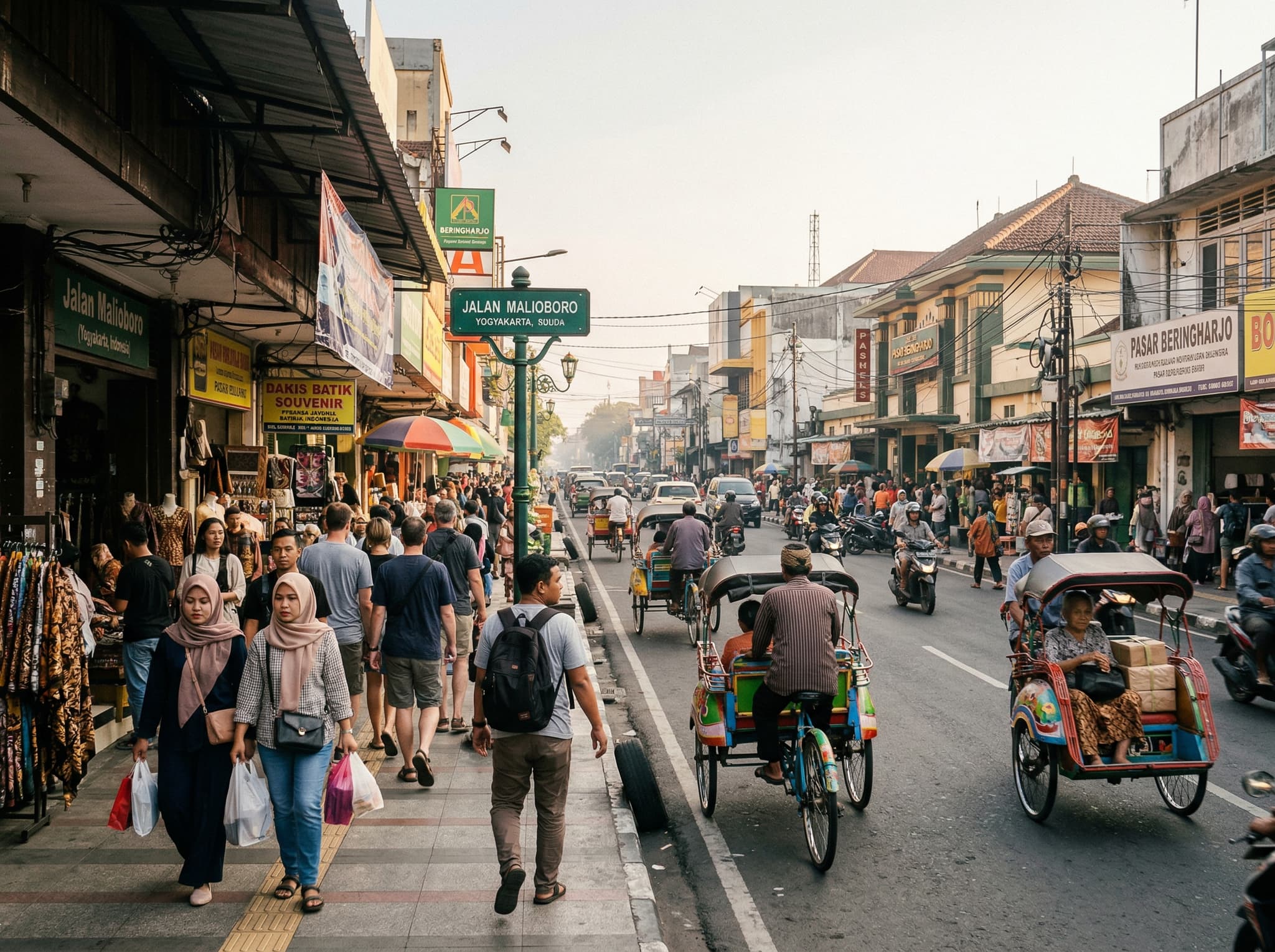 Jalan Malioboro looking south toward Pasar Beringharjo in Yogyakarta — the famous street with its covered sidewalk vendors, becak cycle rickshaws, and pedestrians, showing the market's position at the street's southern end and its relationship to the broader Malioboro corridor