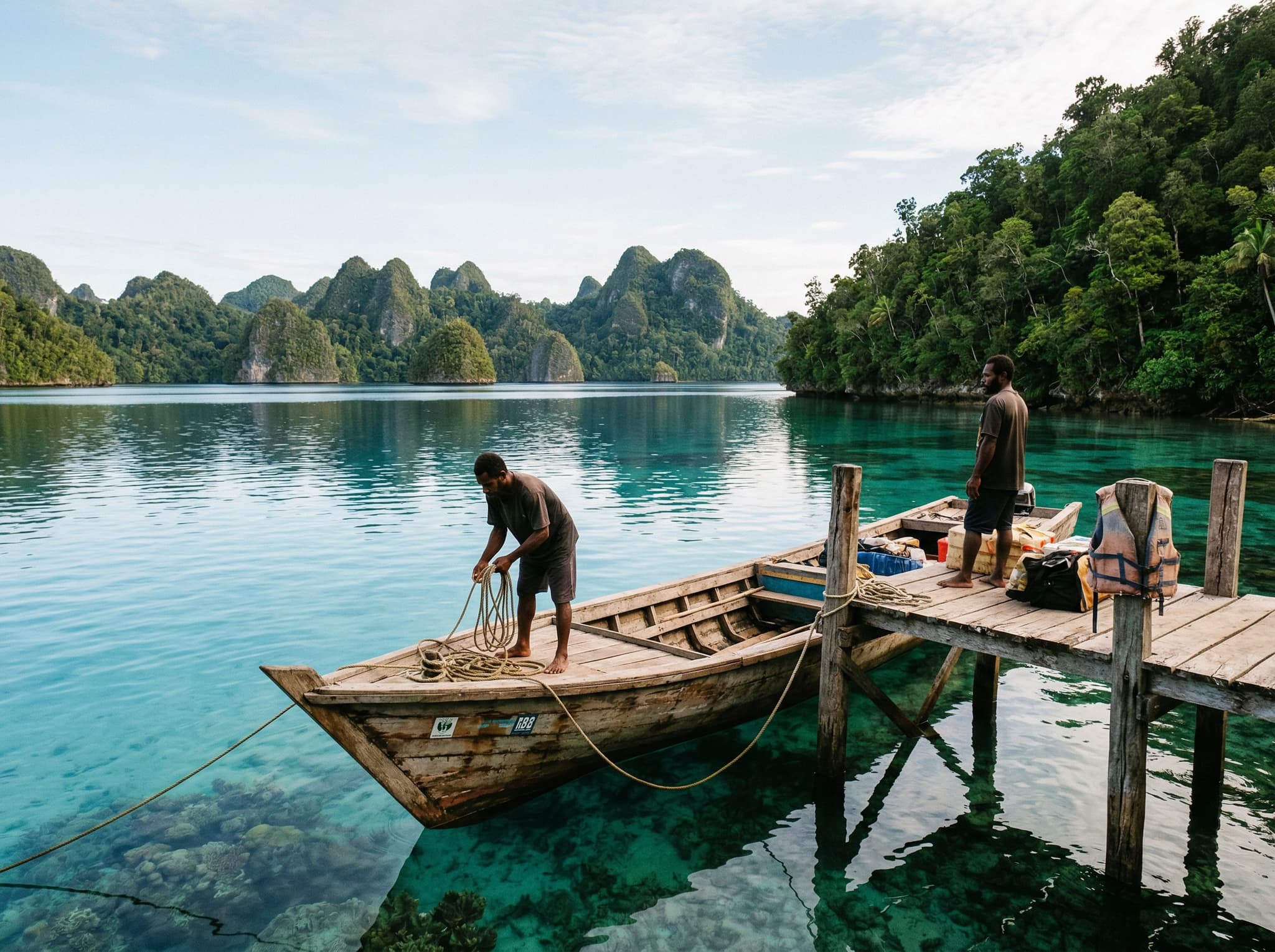 A local wooden longboat on calm water near a Raja Ampat island dock or beach — representing the private boat transfer from Waisai to Dayang Island described in the 'Getting There' section