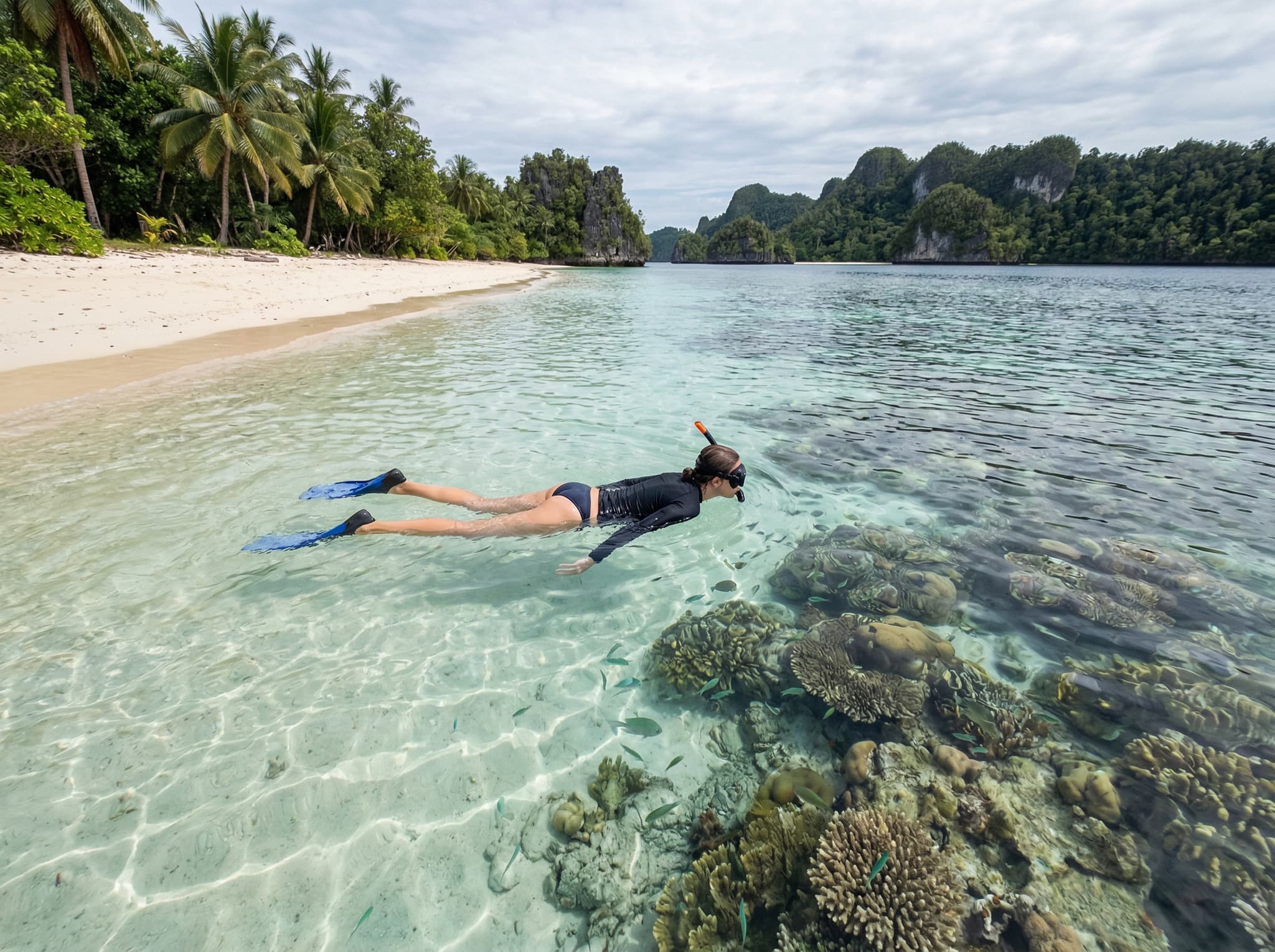 A snorkeler in calm, shallow water near a Raja Ampat beach shore, viewed from above the waterline — illustrating the shore-accessible snorkeling experience described in the article's closing section and FAQ, where readers are told they can walk from bungalow to reef in two minutes