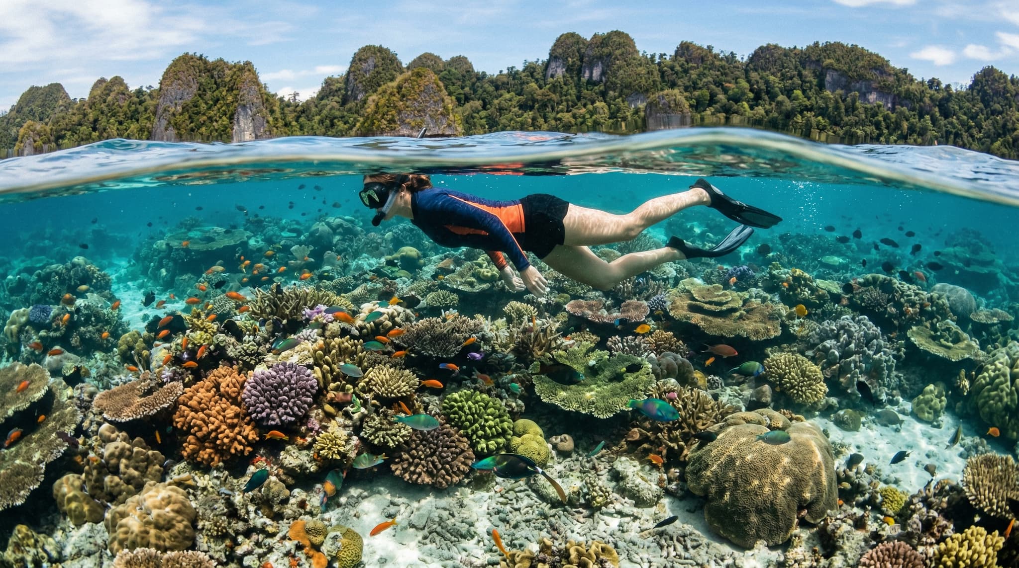 Shallow turquoise reef waters off Dayang Island, Raja Ampat, with a snorkeler floating above healthy coral formations — establishing the article's central promise of accessible, world-class snorkeling from shore